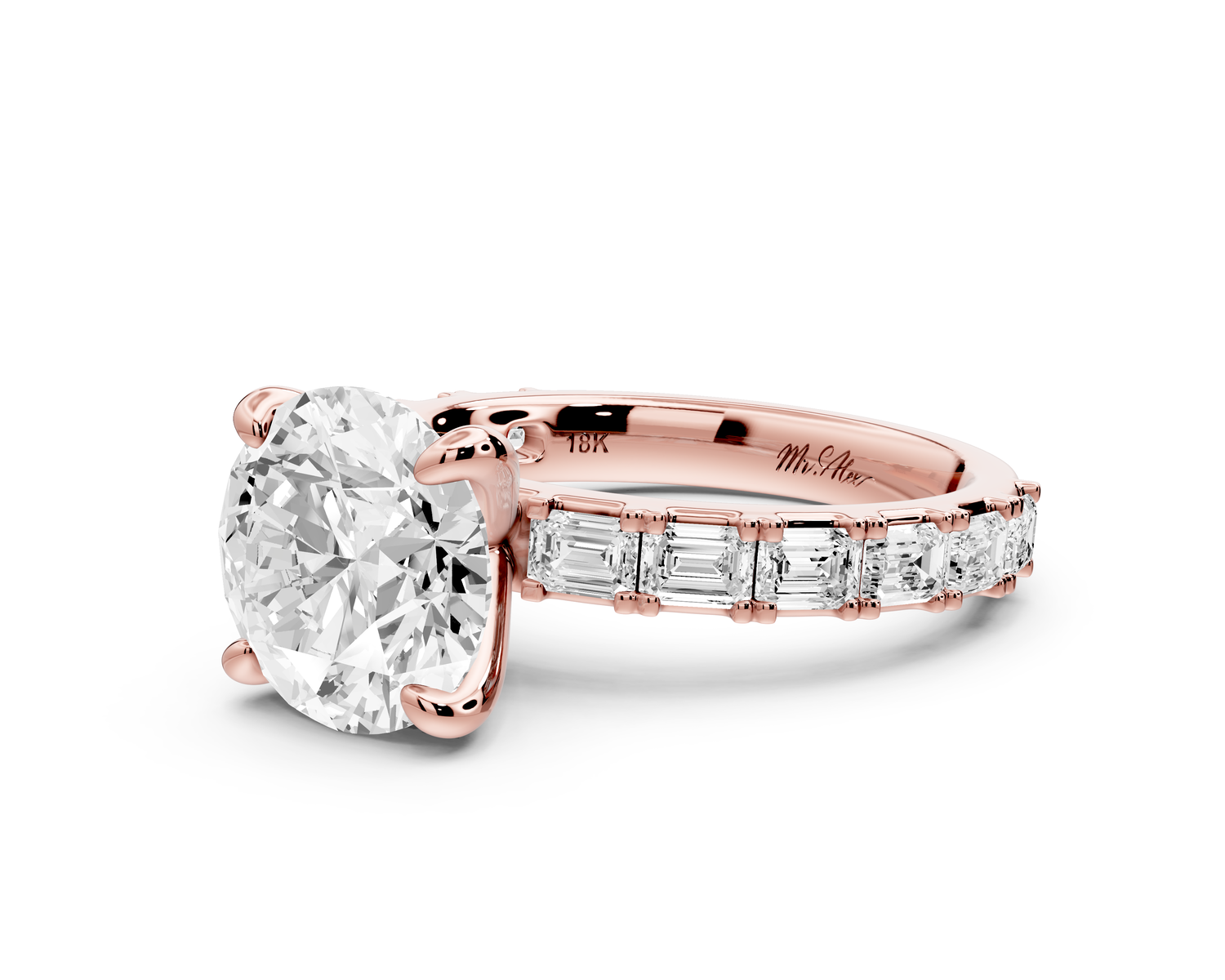 Nadia - 3ct 14k rose gold round diamond with east-west emerald cut accent stones engagement ring
