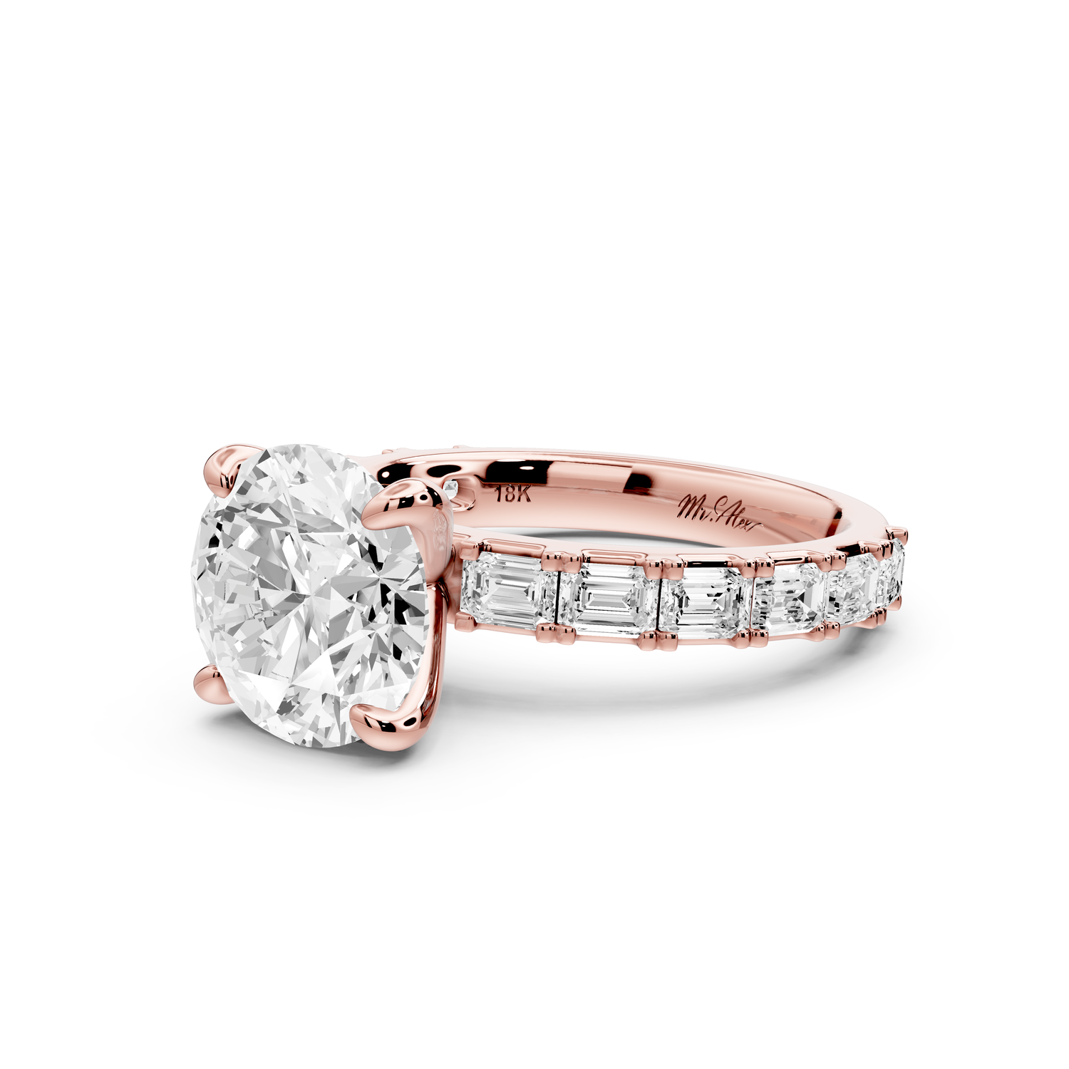 Nadia - 3ct 14k rose gold round diamond with east-west emerald cut accent stones engagement ring