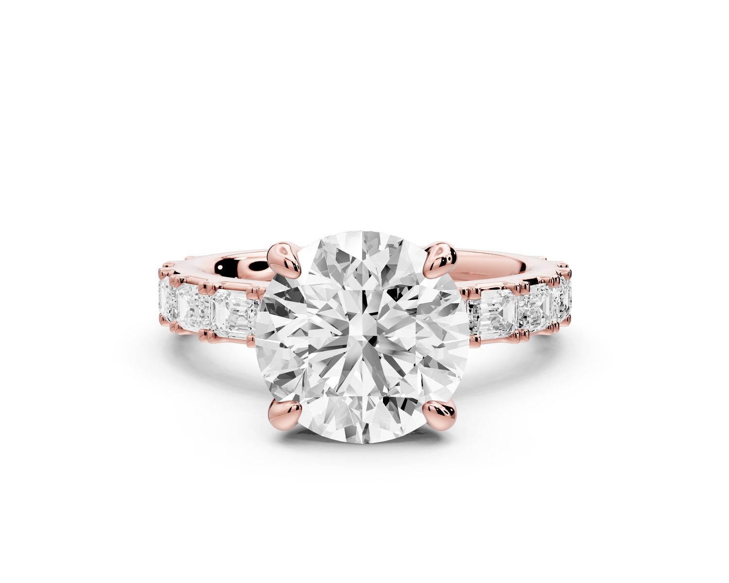 Nadia - 3ct 14k rose gold round diamond with east-west emerald cut accent stones engagement ring