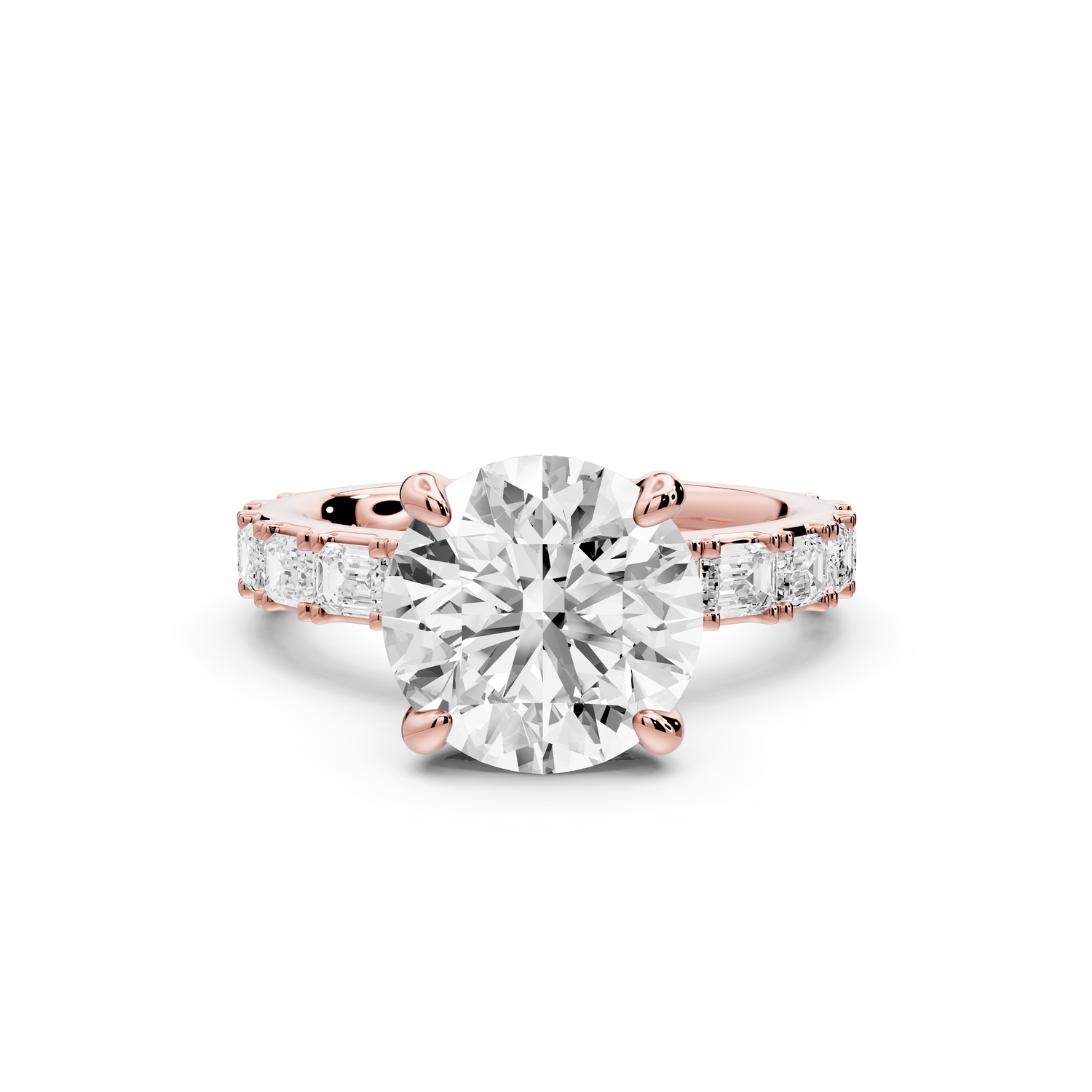 Nadia - 3ct 14k rose gold round diamond with east-west emerald cut accent stones engagement ring