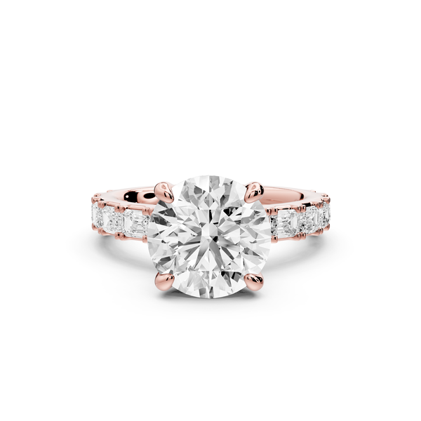 Nadia - 3ct 14k rose gold round diamond with east-west emerald cut accent stones engagement ring