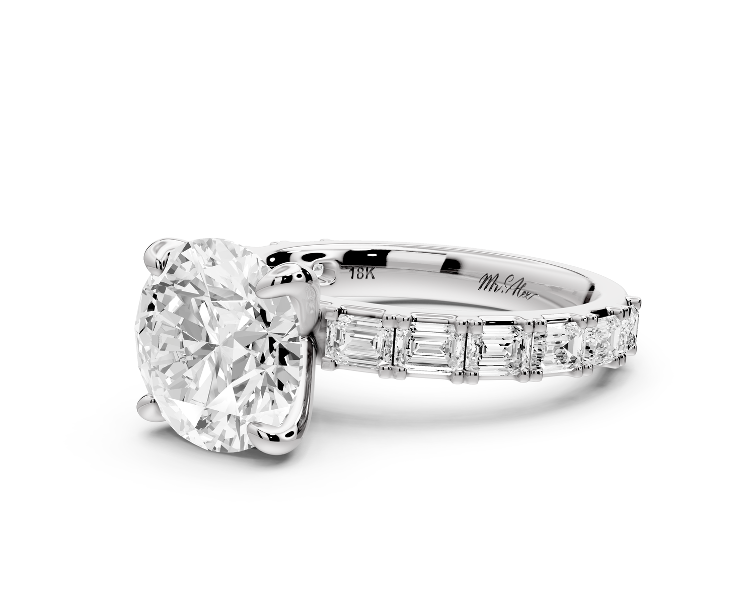 Nadia - 3ct 14k white gold round diamond with east-west emerald cut accent stones engagement ring