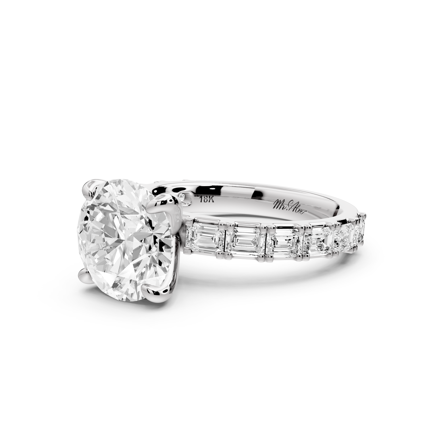 Nadia - 3ct 14k white gold round diamond with east-west emerald cut accent stones engagement ring