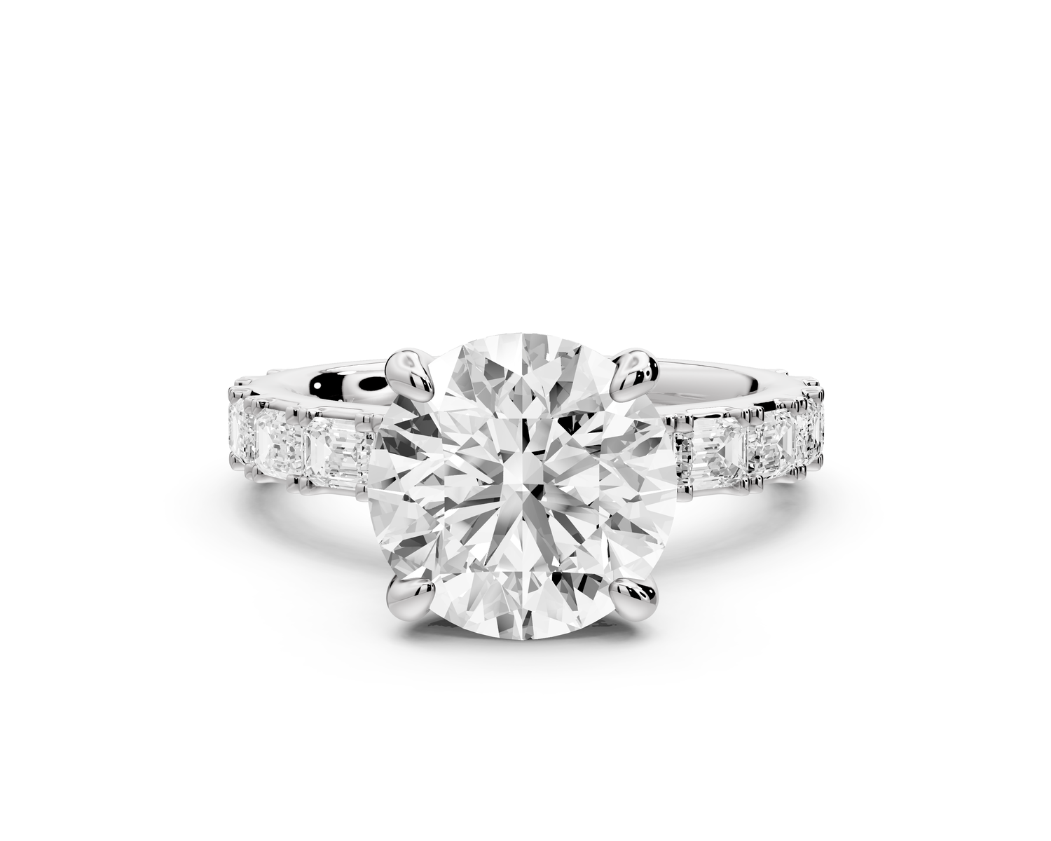 Nadia - 3ct 14k white gold round diamond with east-west emerald cut accent stones engagement ring