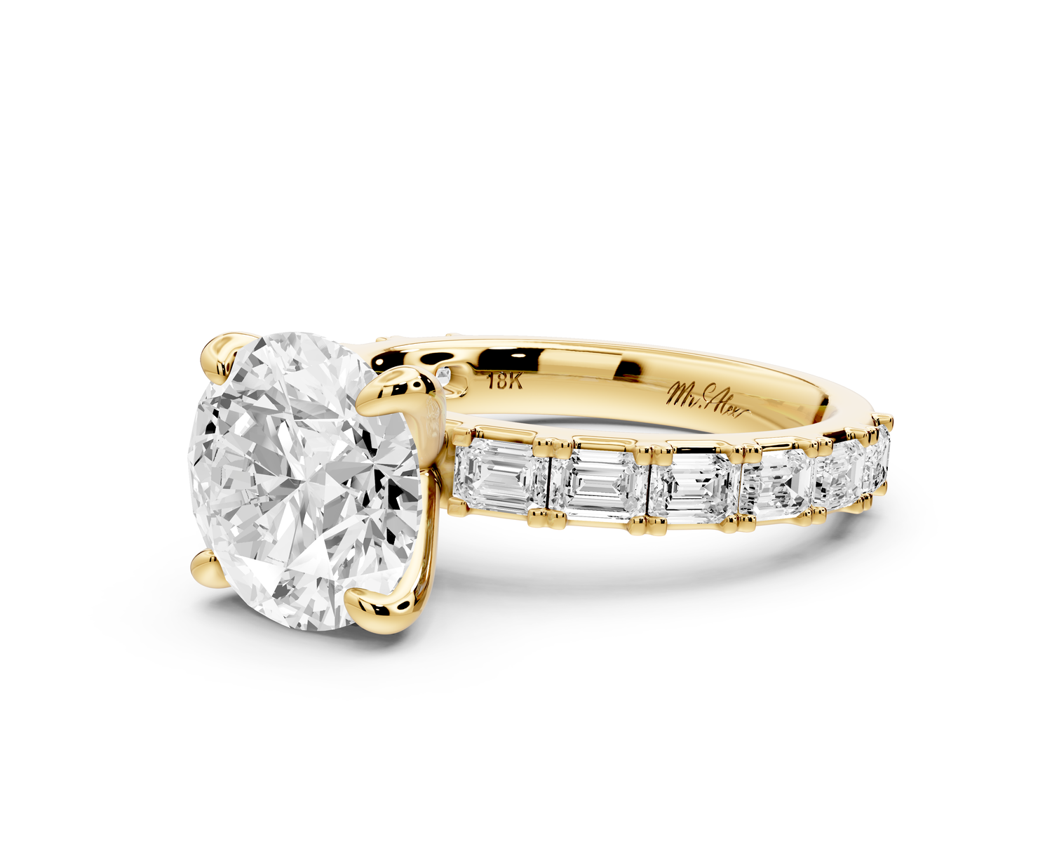Nadia - 3ct 14k yellow gold round diamond with east-west emerald cut accent stones engagement ring
