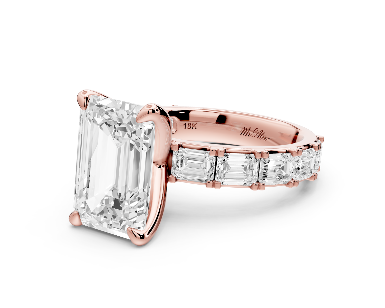 Nadia - 4ct 14k rose gold emerald diamond with east-west emerald cut accent stones engagement ring