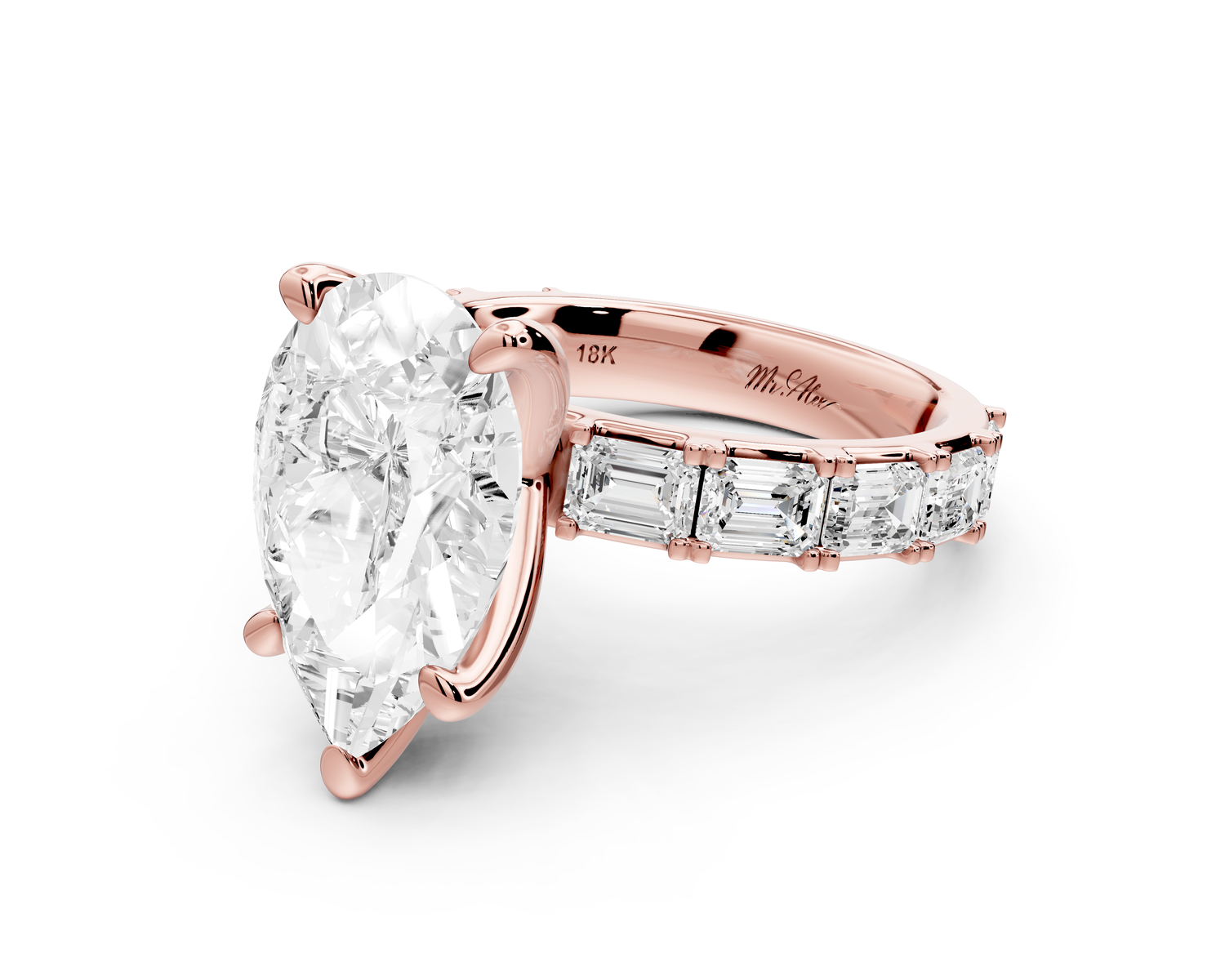 Nadia - 4ct 14k rose gold pear diamond with east-west emerald cut accent stones engagement ring