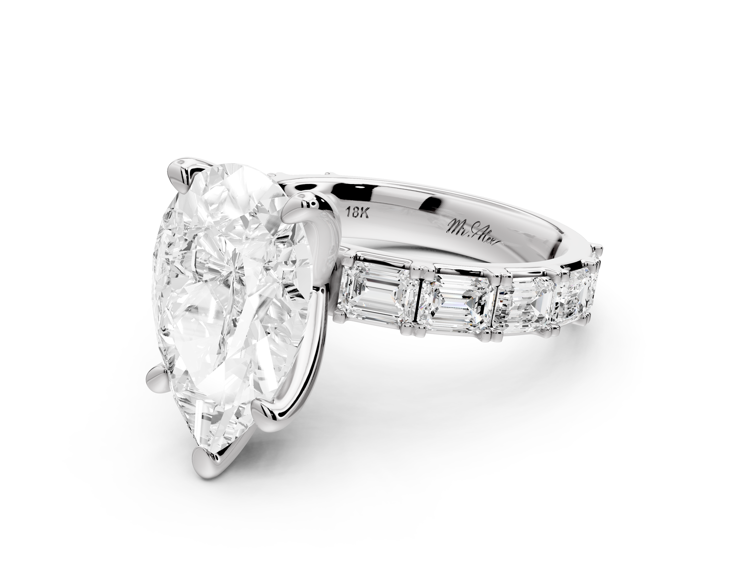 Nadia - 4ct 14k white gold pear diamond with east-west emerald cut accent stones engagement ring