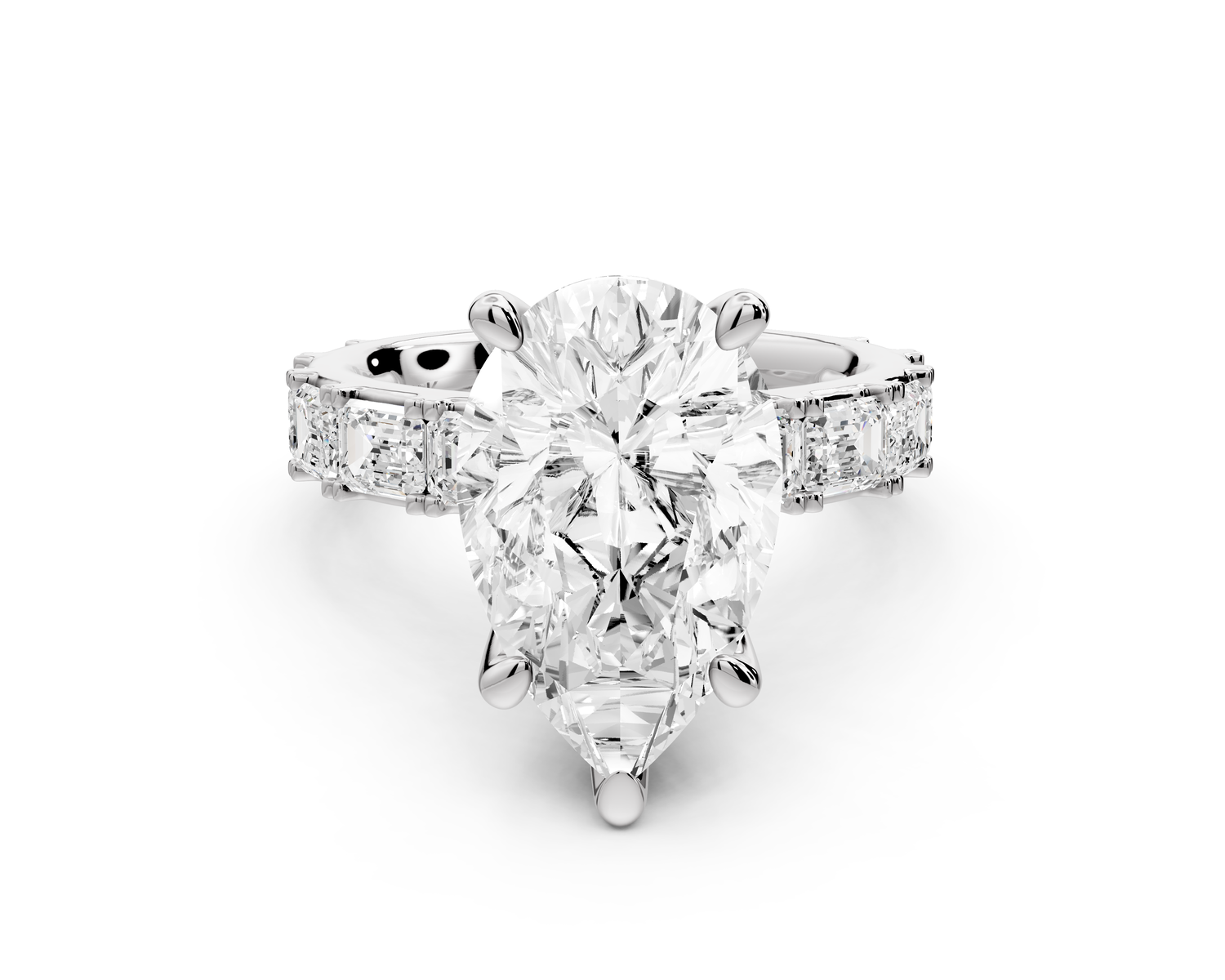 Nadia - 4ct 14k white gold pear diamond with east-west emerald cut accent stones engagement ring