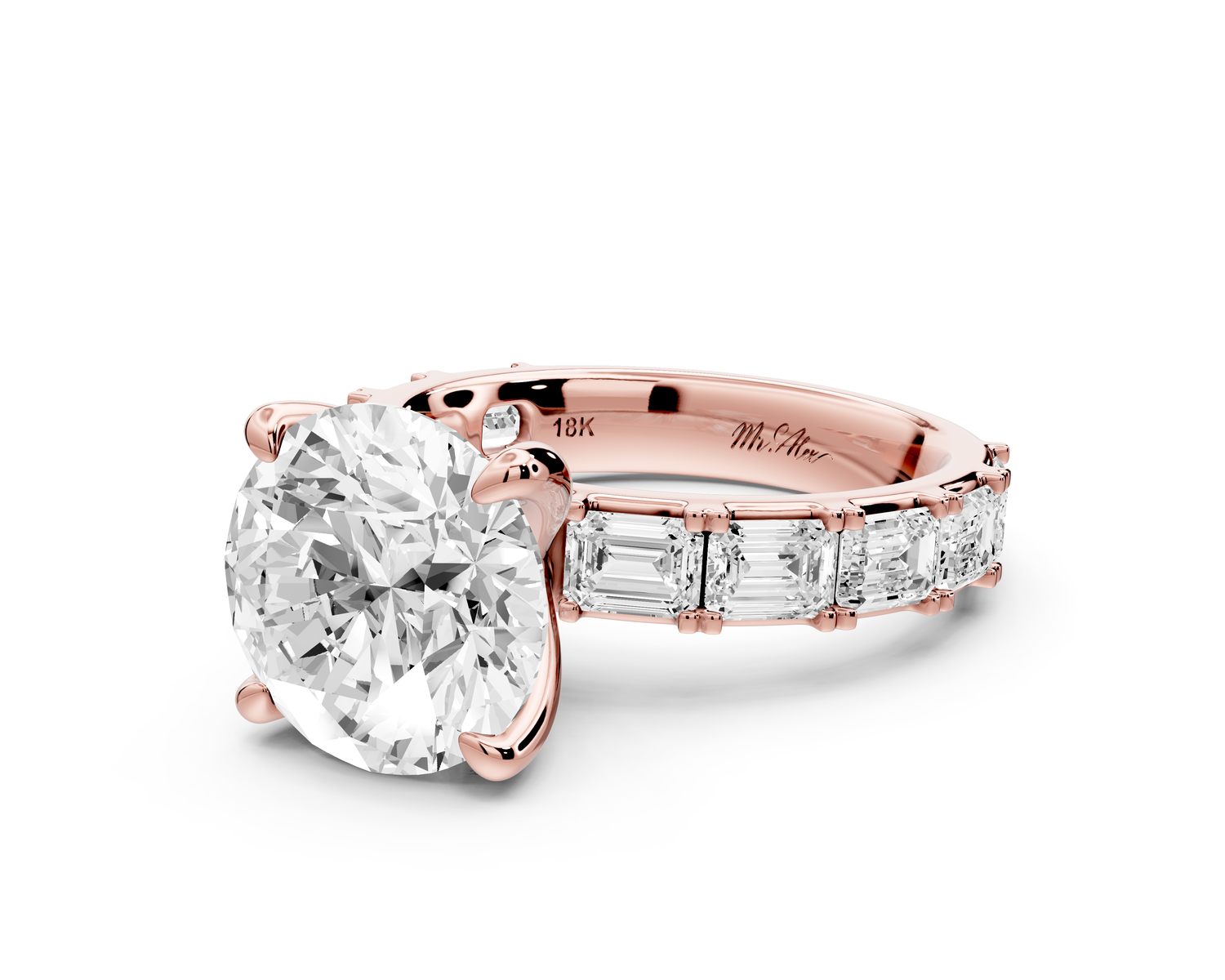 Nadia - 4ct 14k rose gold round diamond with east-west emerald cut accent stones engagement ring