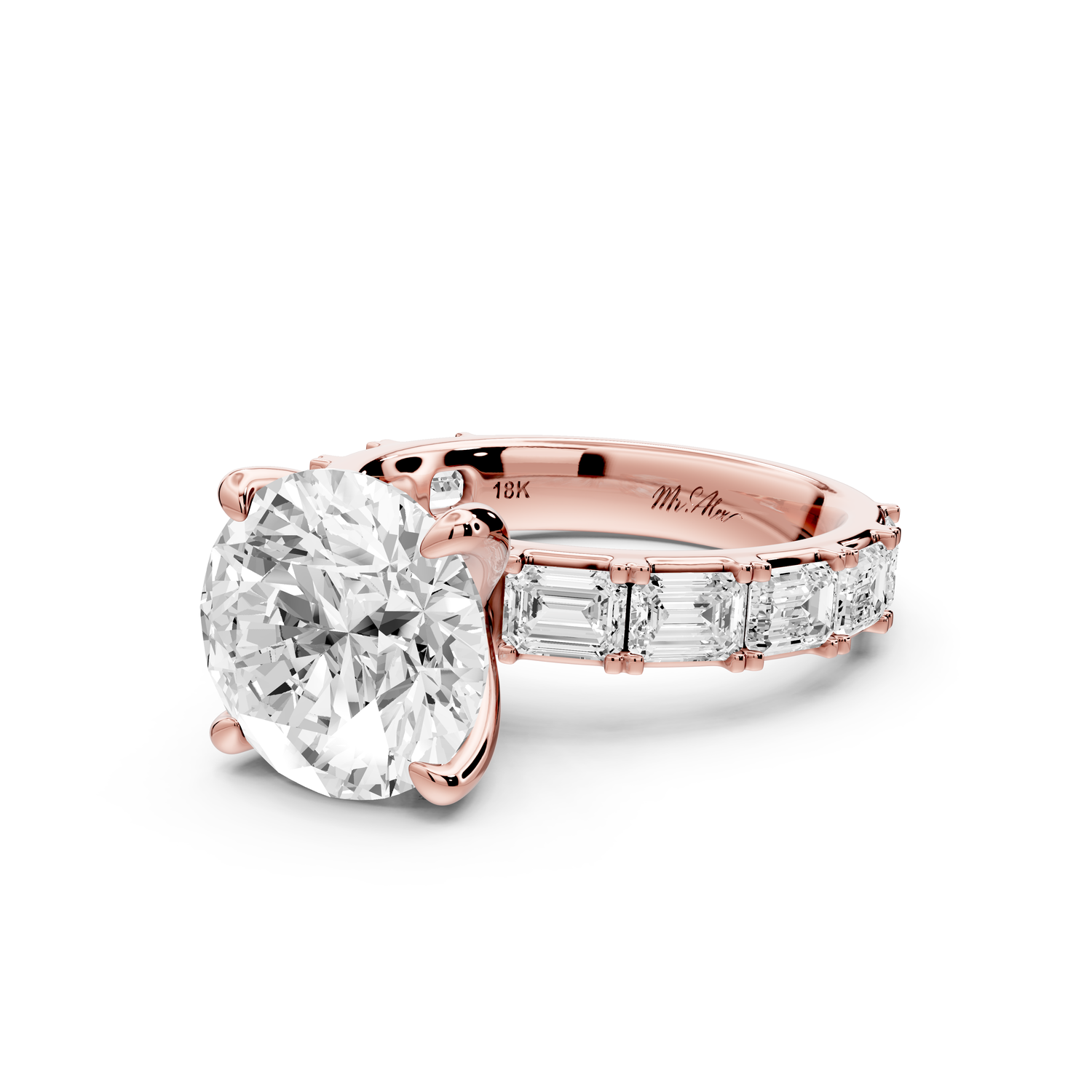 Nadia - 4ct 14k rose gold round diamond with east-west emerald cut accent stones engagement ring