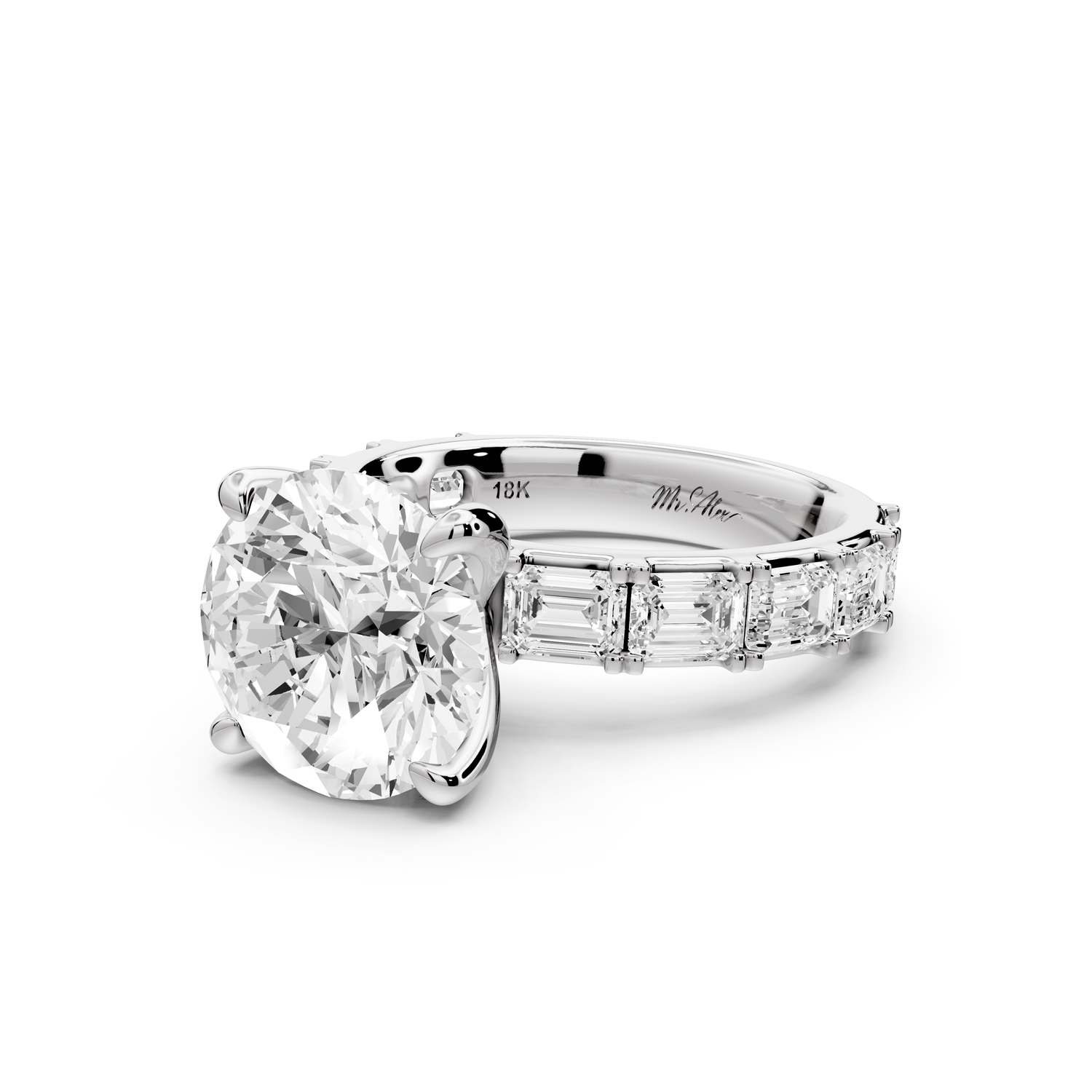 Nadia - 4ct 14k white gold round diamond with east-west emerald cut accent stones engagement ring
