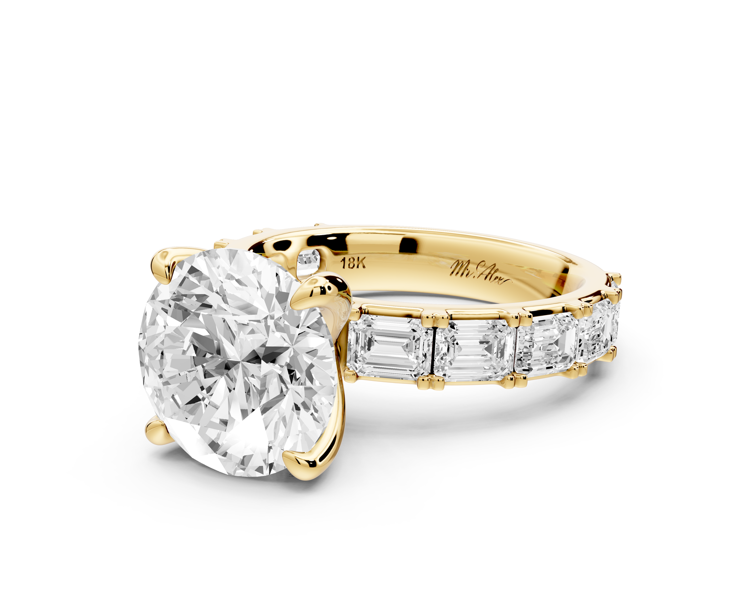 Nadia - 4ct 14k yellow gold round diamond with east-west emerald cut accent stones engagement ring