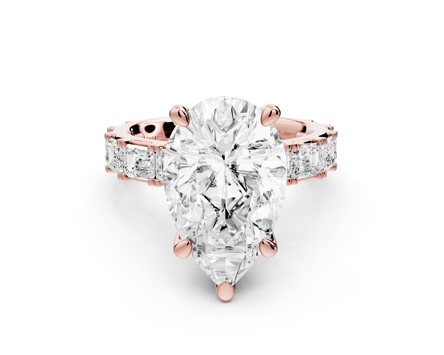 Nadia - 5ct 14k rose gold pear diamond with east-west emerald cut accent stones engagement ring