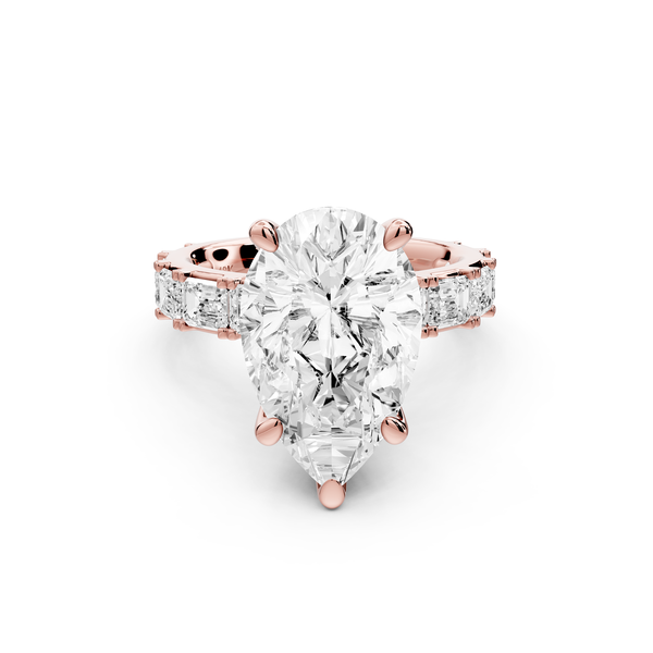 Nadia - 5ct 14k rose gold pear diamond with east-west emerald cut accent stones engagement ring