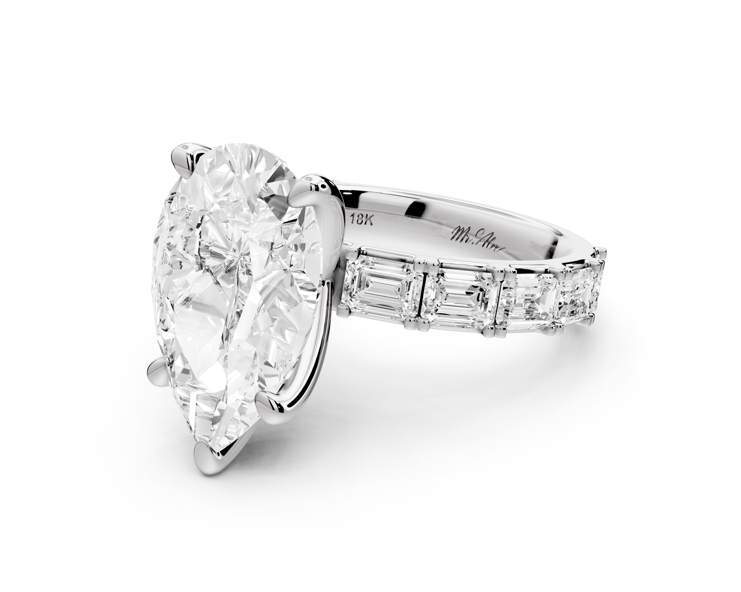 Nadia - 5ct 14k white gold pear diamond with east-west emerald cut accent stones engagement ring