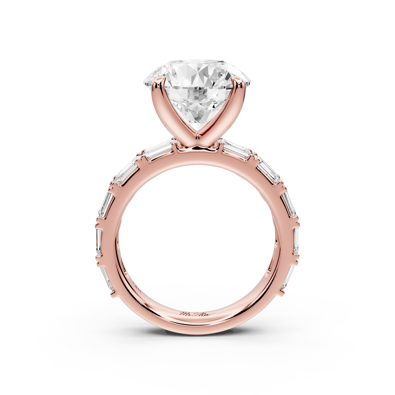 Nadia - 5ct 14k rose gold round diamond with east-west emerald cut accent stones engagement ring