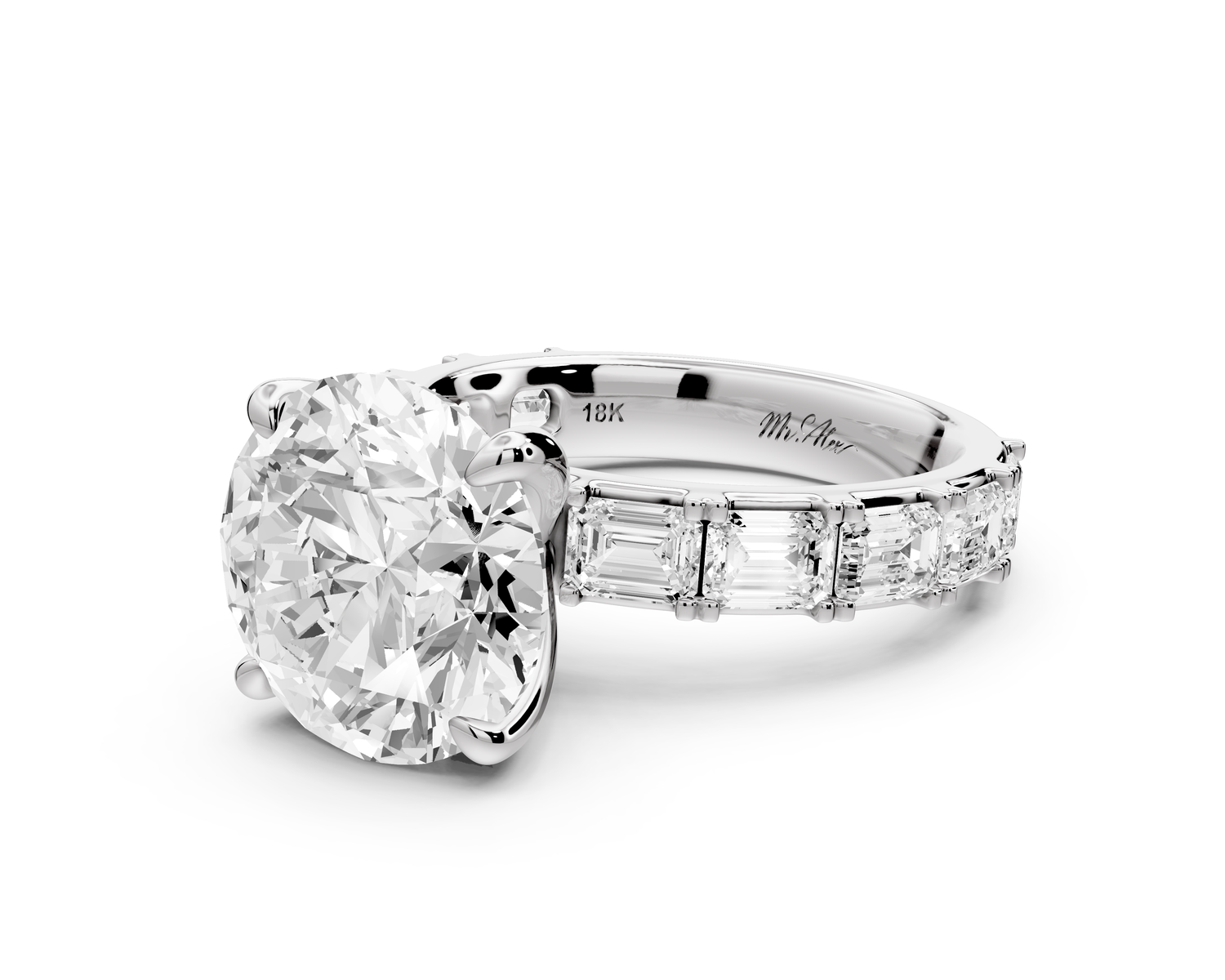 Nadia - 5ct 14k white gold round diamond with east-west emerald cut accent stones engagement ring
