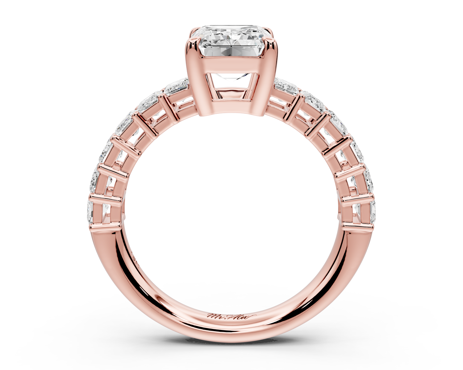 Violetta - 2ct 14k rose gold emerald diamond with emerald cut accent stones engagement ring