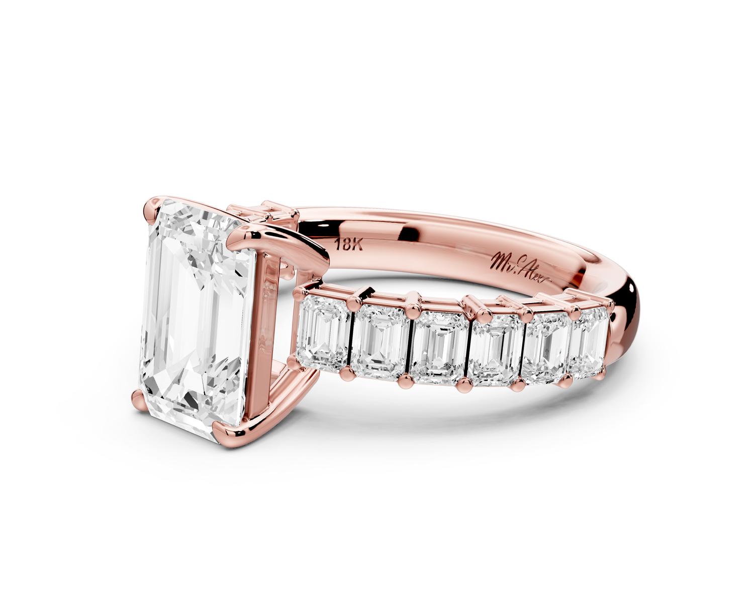 Violetta - 2ct 14k rose gold emerald diamond with emerald cut accent stones engagement ring