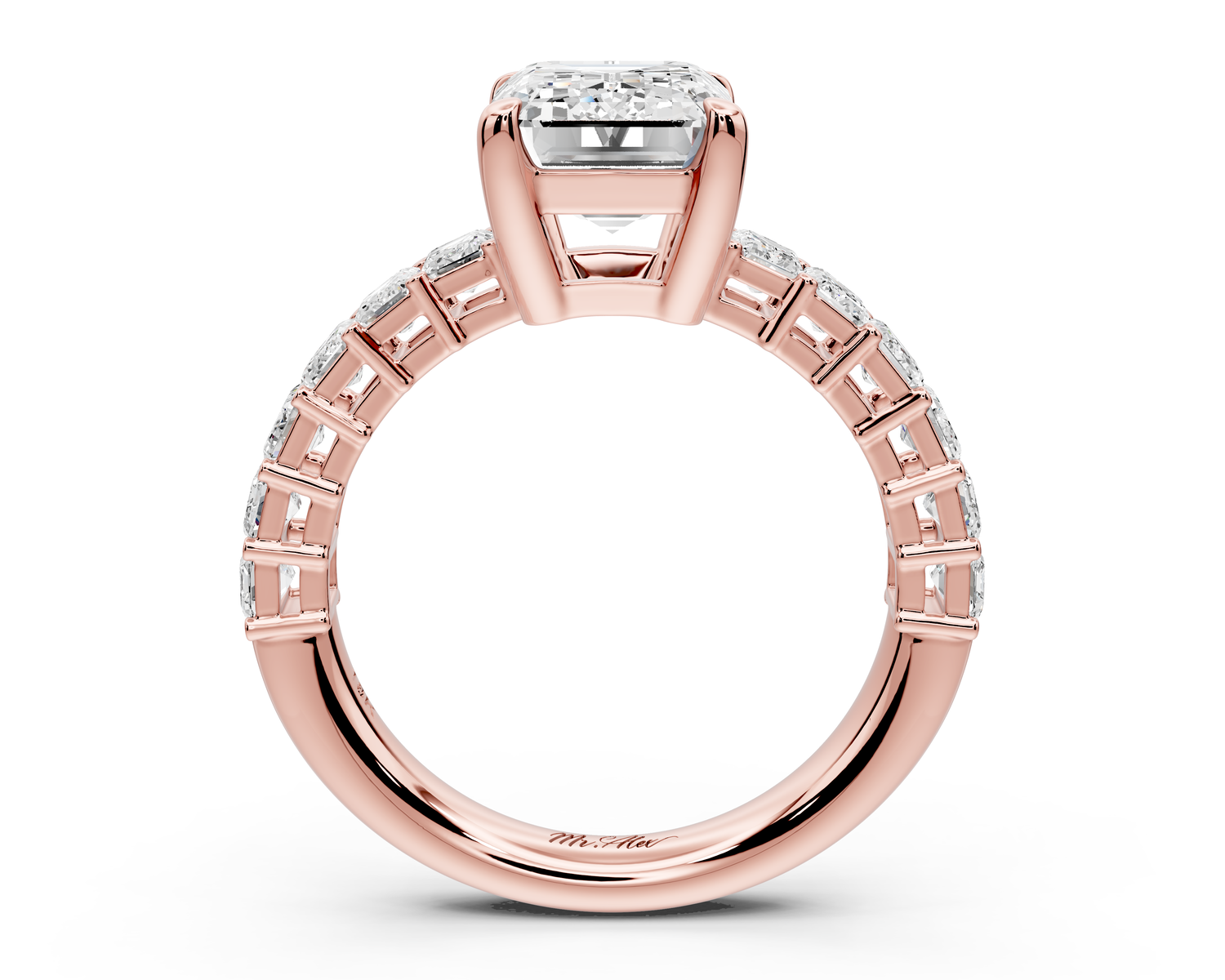 Violetta - 3ct 14k rose gold emerald diamond with emerald cut accent stones engagement ring