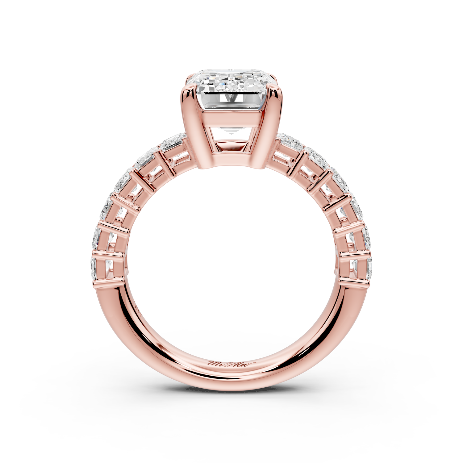 Violetta - 3ct 14k rose gold emerald diamond with emerald cut accent stones engagement ring