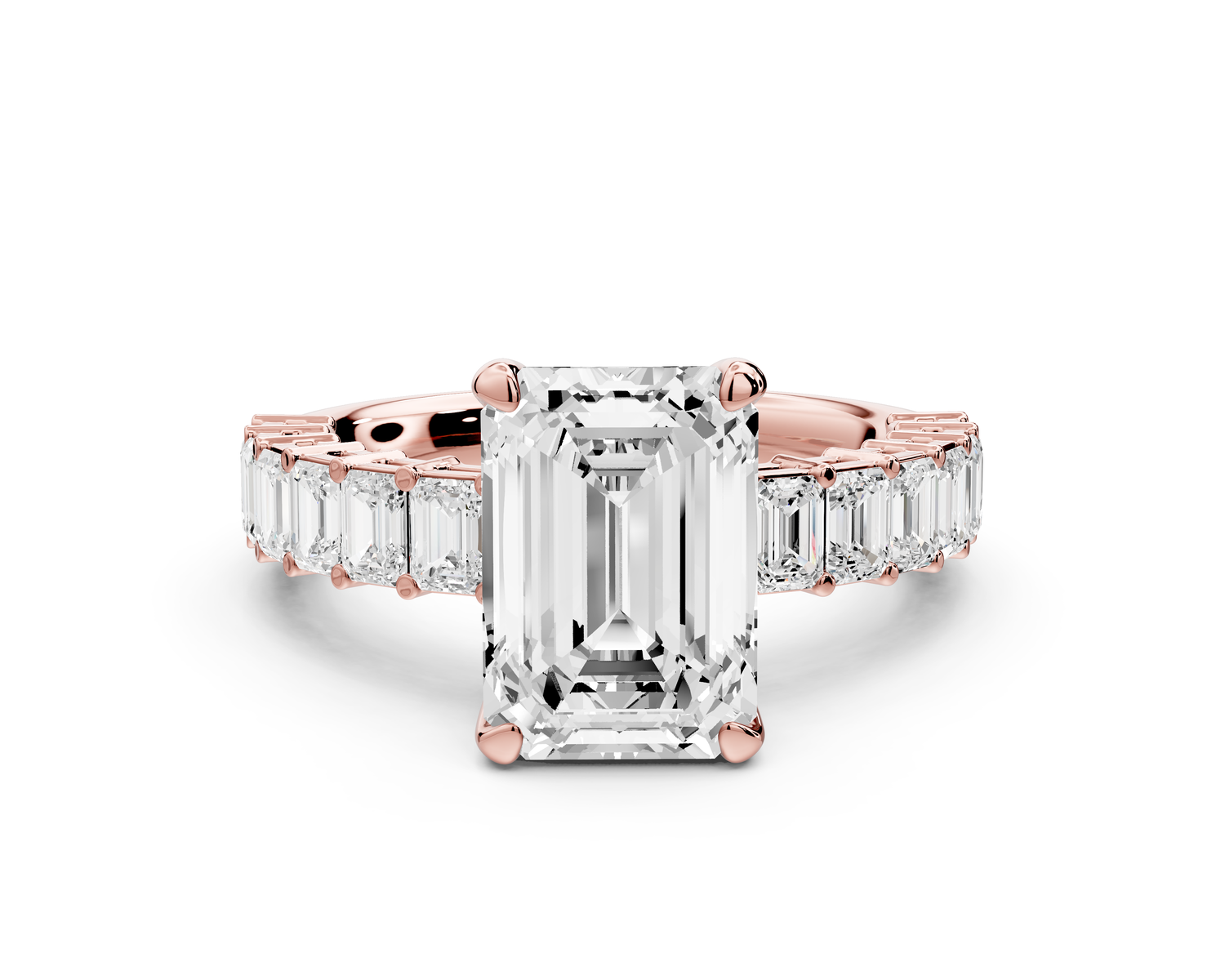 Violetta - 3ct 14k rose gold emerald diamond with emerald cut accent stones engagement ring