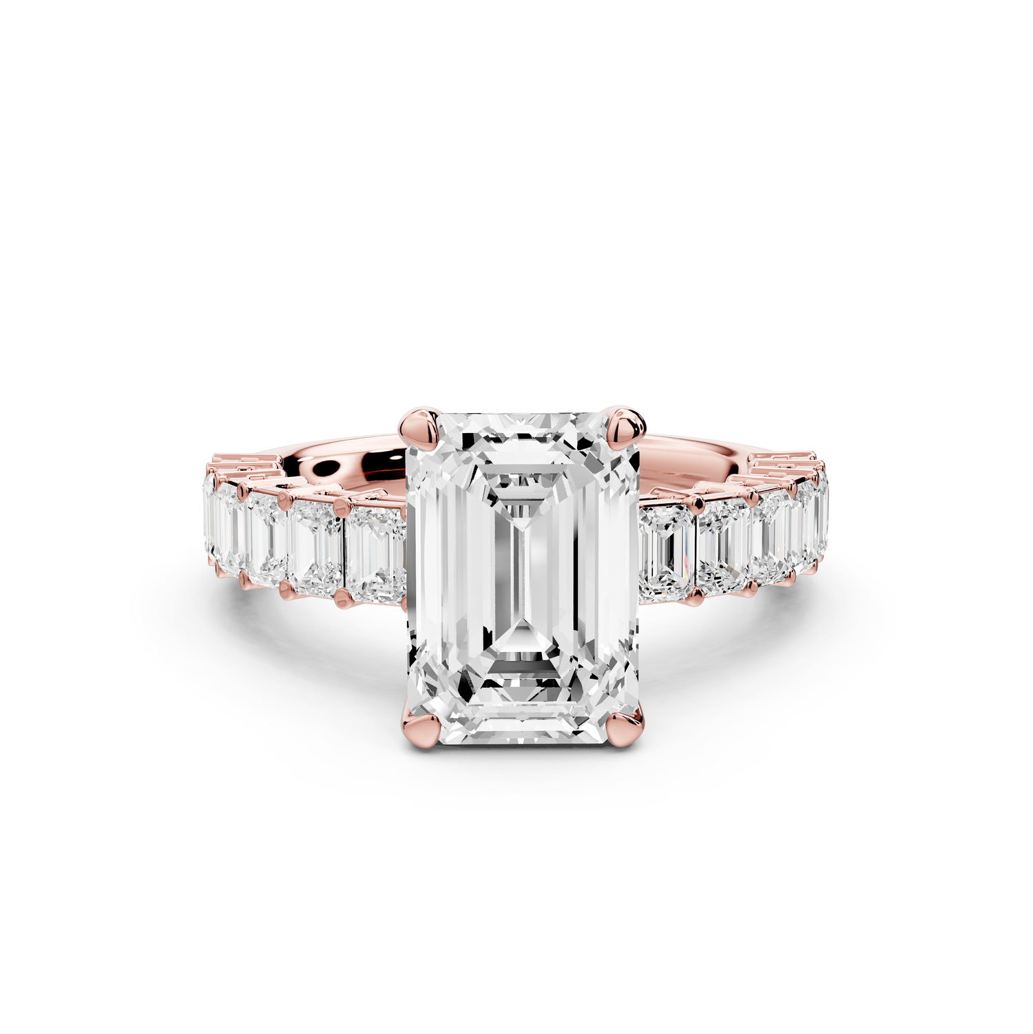 Violetta - 3ct 14k rose gold emerald diamond with emerald cut accent stones engagement ring