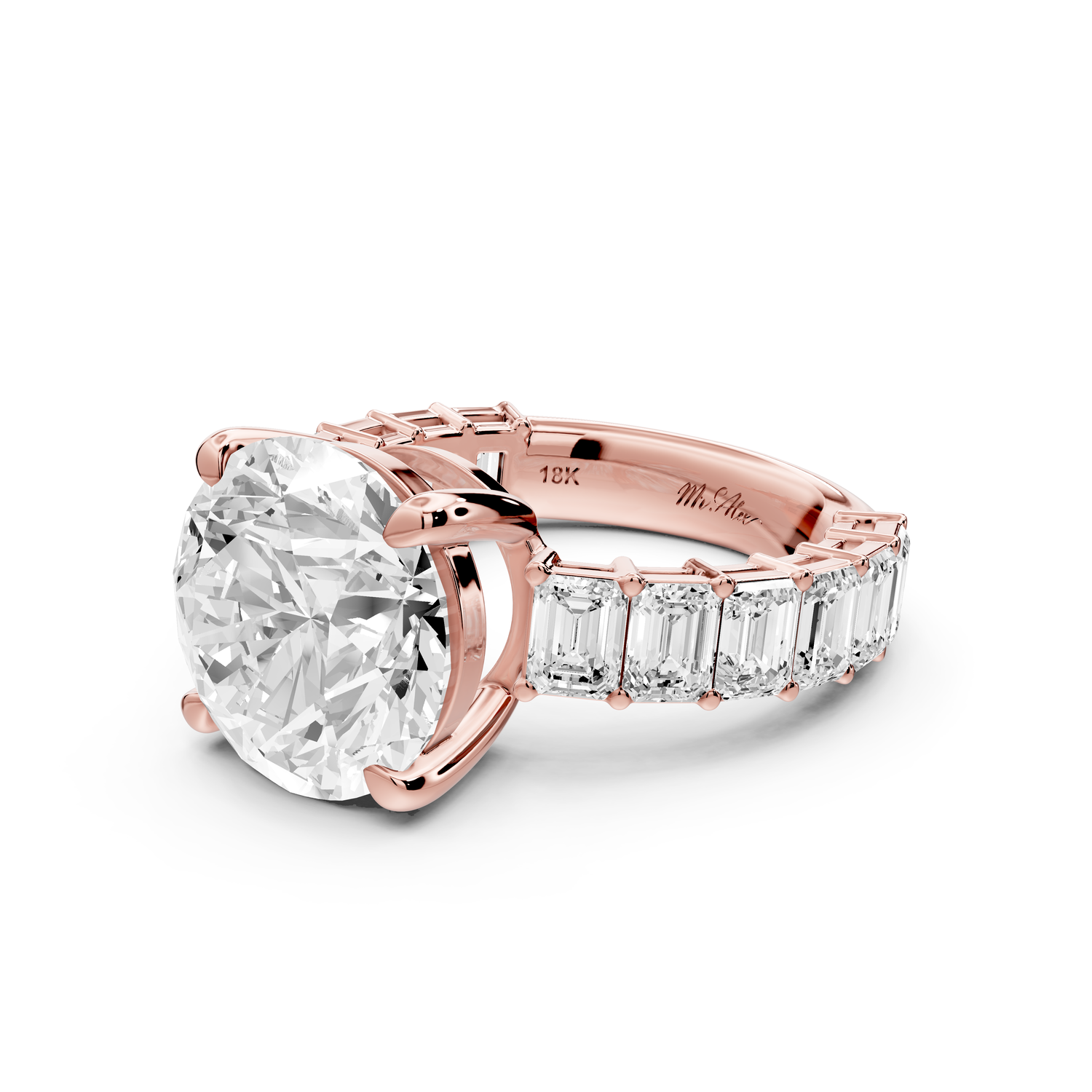 Violetta - 5ct 14k rose gold round diamond with emerald cut accent stones engagement ring