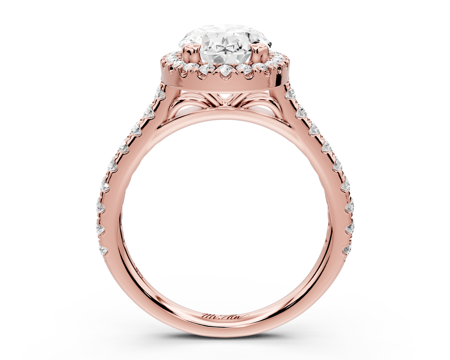 Marcella - 2ct 14k rose gold oval halo double talon prong cathedral Pavé engagement ring