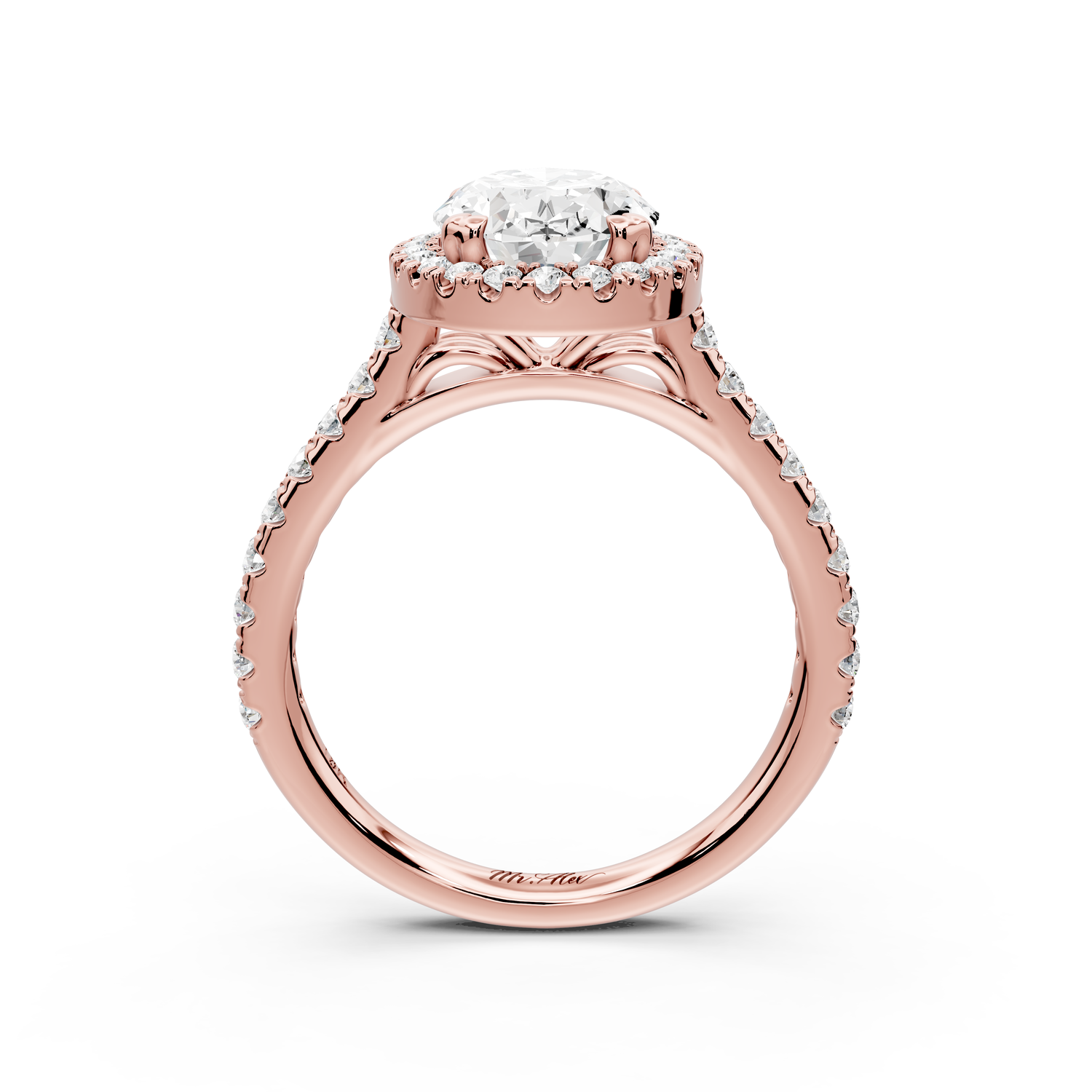 Marcella - 2ct 14k rose gold oval halo double talon prong cathedral Pavé engagement ring