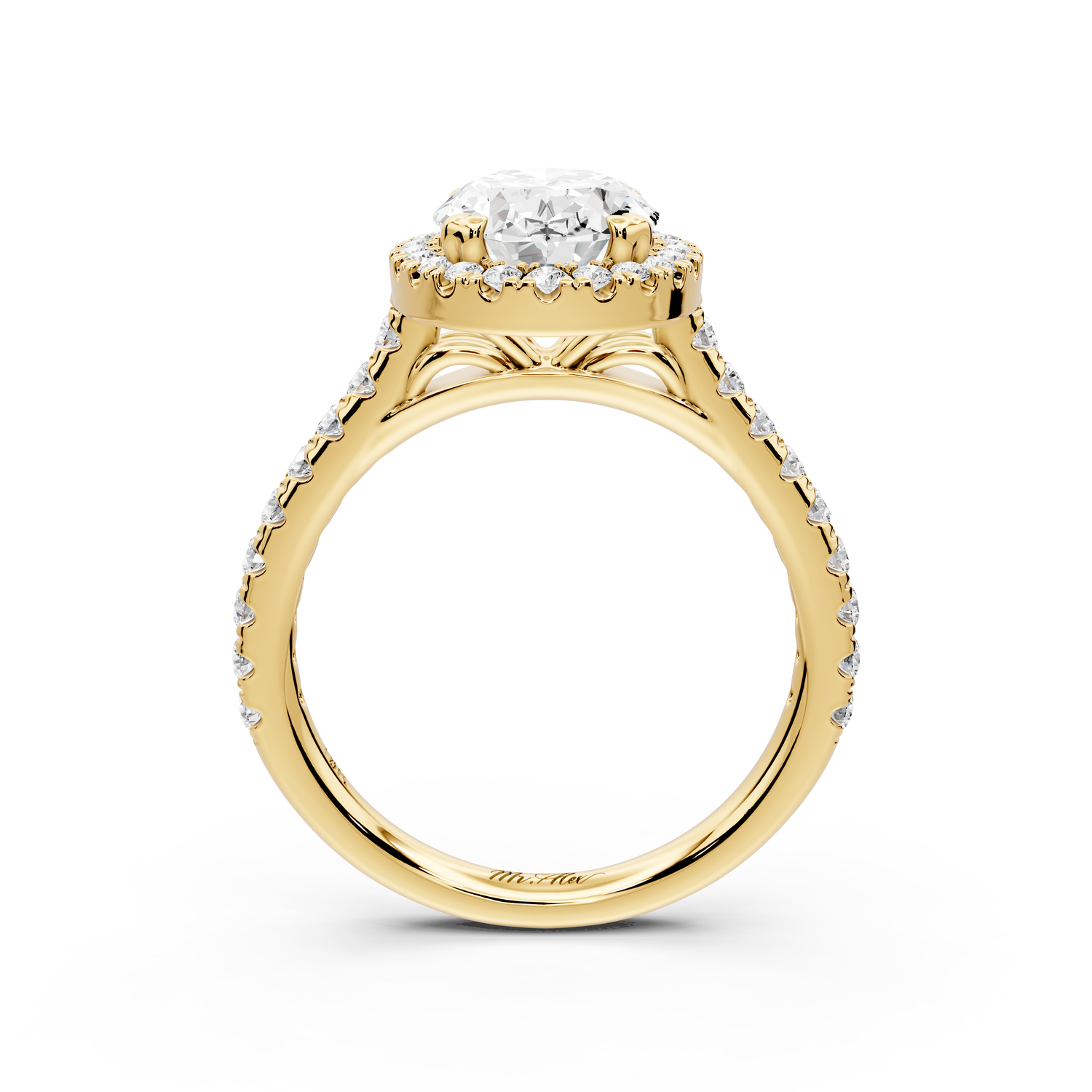 Marcella - 2ct 14k yellow gold oval halo double talon prong cathedral Pavé engagement ring