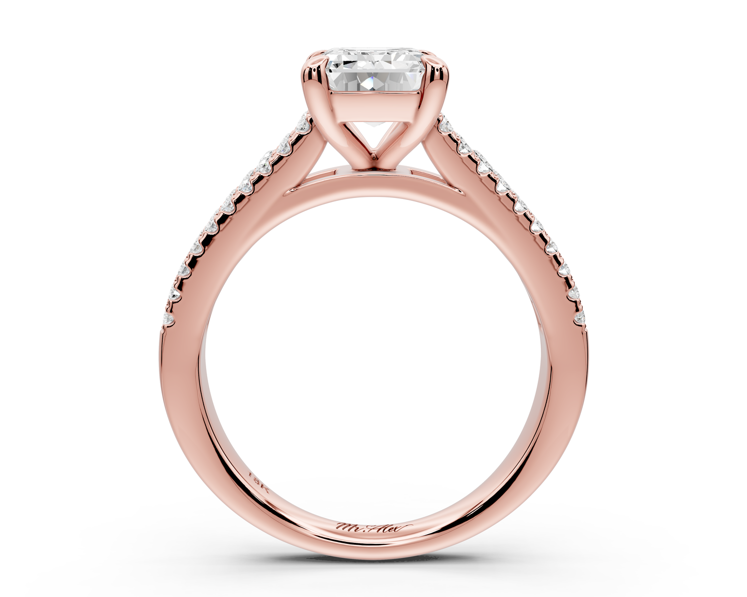 Estelle - 2ct 14k rose gold emerald diamond with emerald and round cut accent stones half band cathedral engagamengt ring