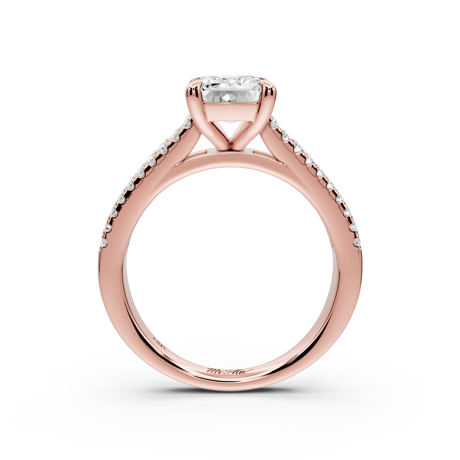 Estelle - 2ct 14k rose gold emerald diamond with emerald and round cut accent stones half band cathedral engagement ring