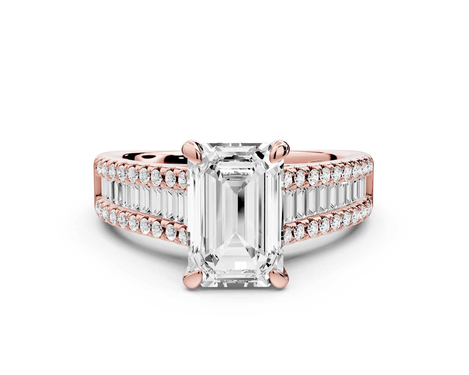 Estelle - 2ct 14k rose gold emerald diamond with emerald and round cut accent stones half band cathedral engagamengt ring