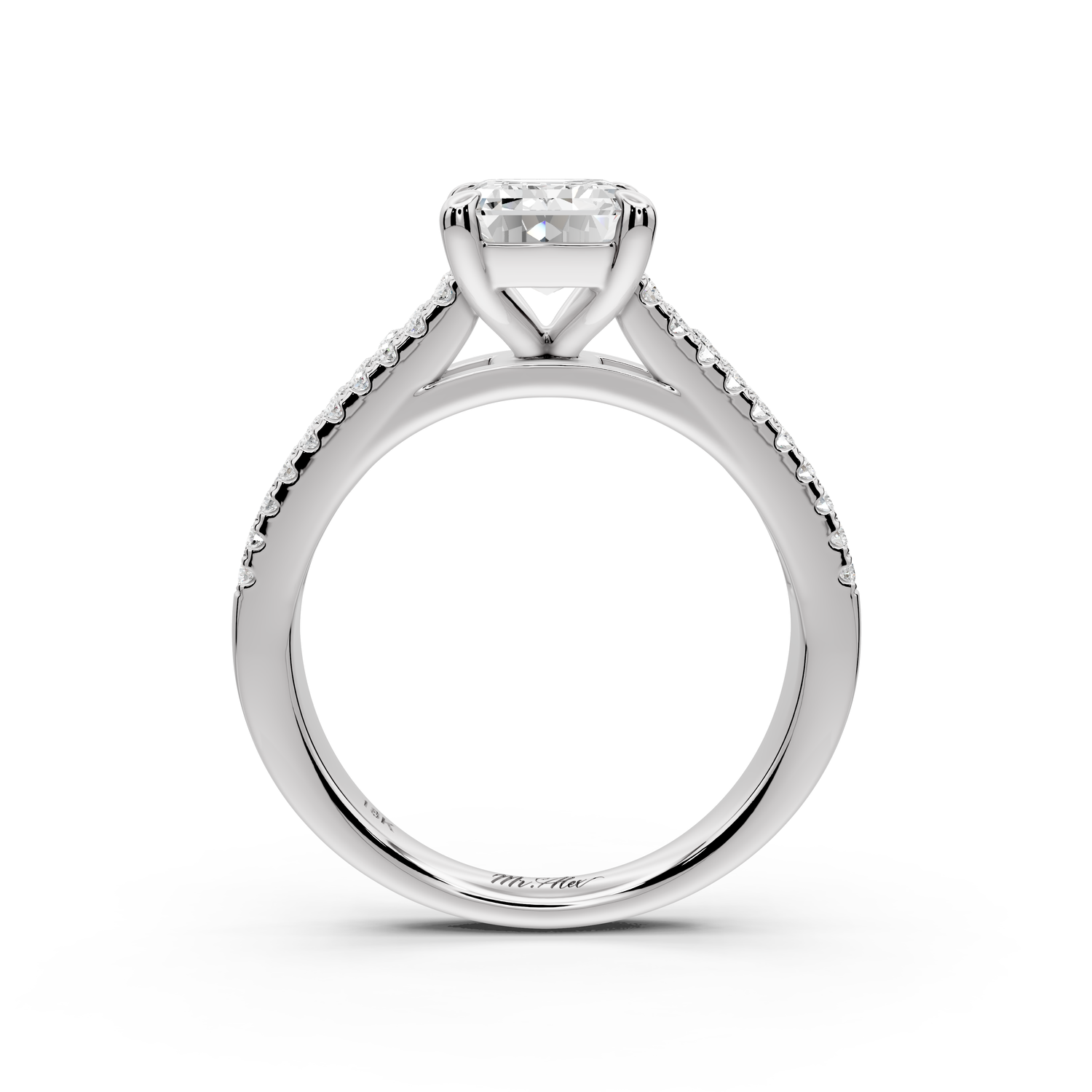 Estelle - 2ct 14k white gold emerald diamond with emerald and round cut accent stones half band cathedral engagement ring