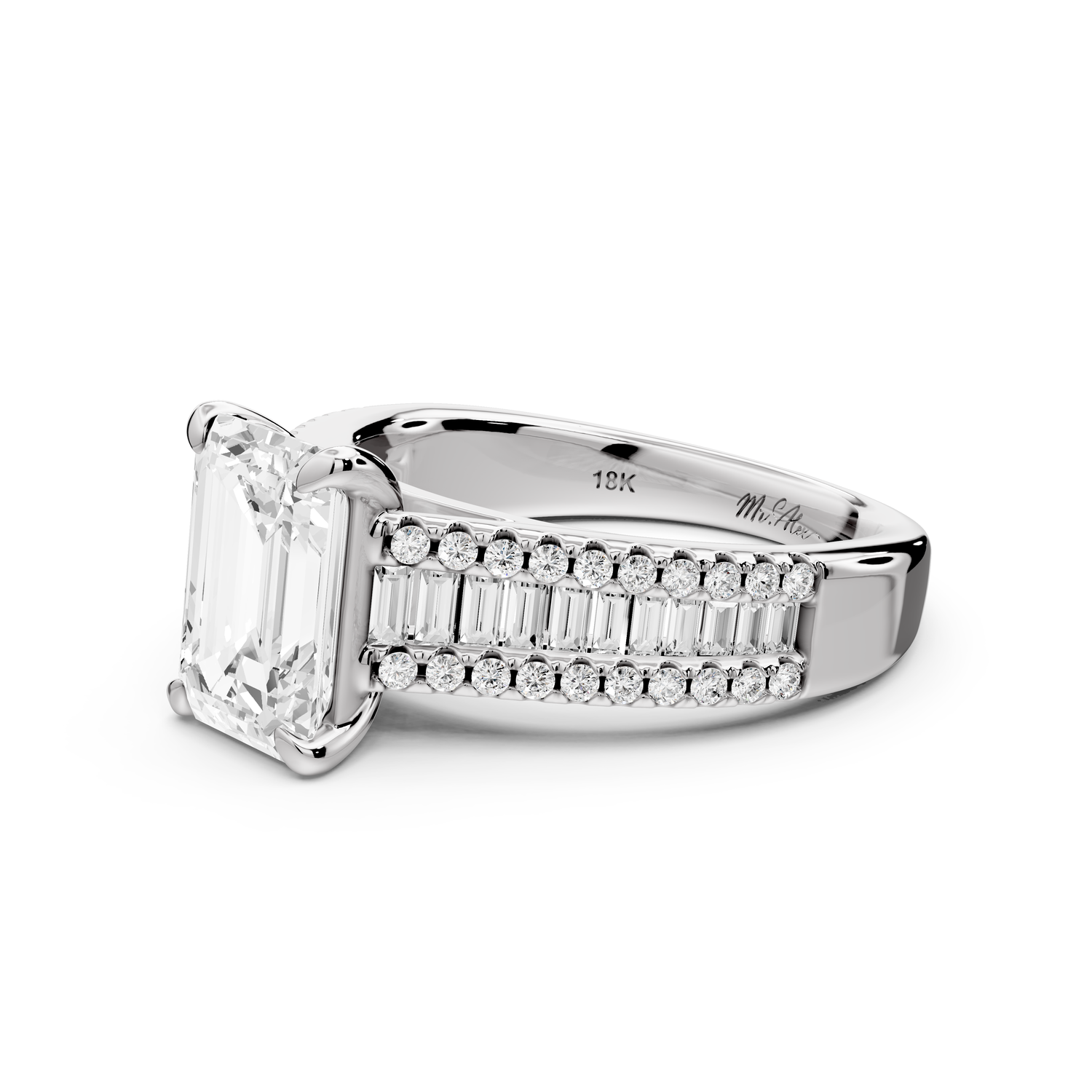 Estelle - 2ct 14k white gold emerald diamond with emerald and round cut accent stones half band cathedral engagement ring