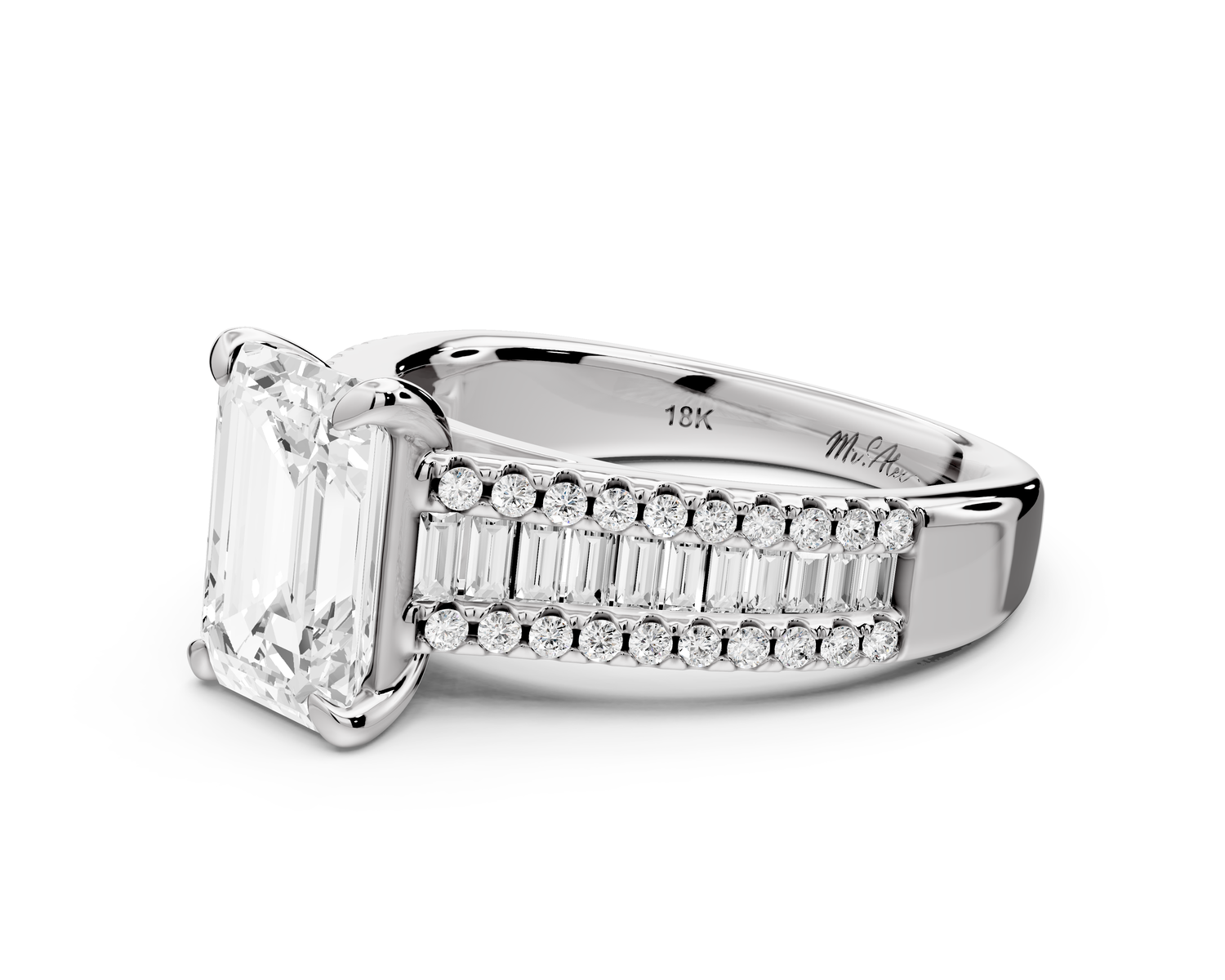 Estelle - 2ct platinum emerald diamond with emerald and round cut accent stones half band cathedral engagamengt ring