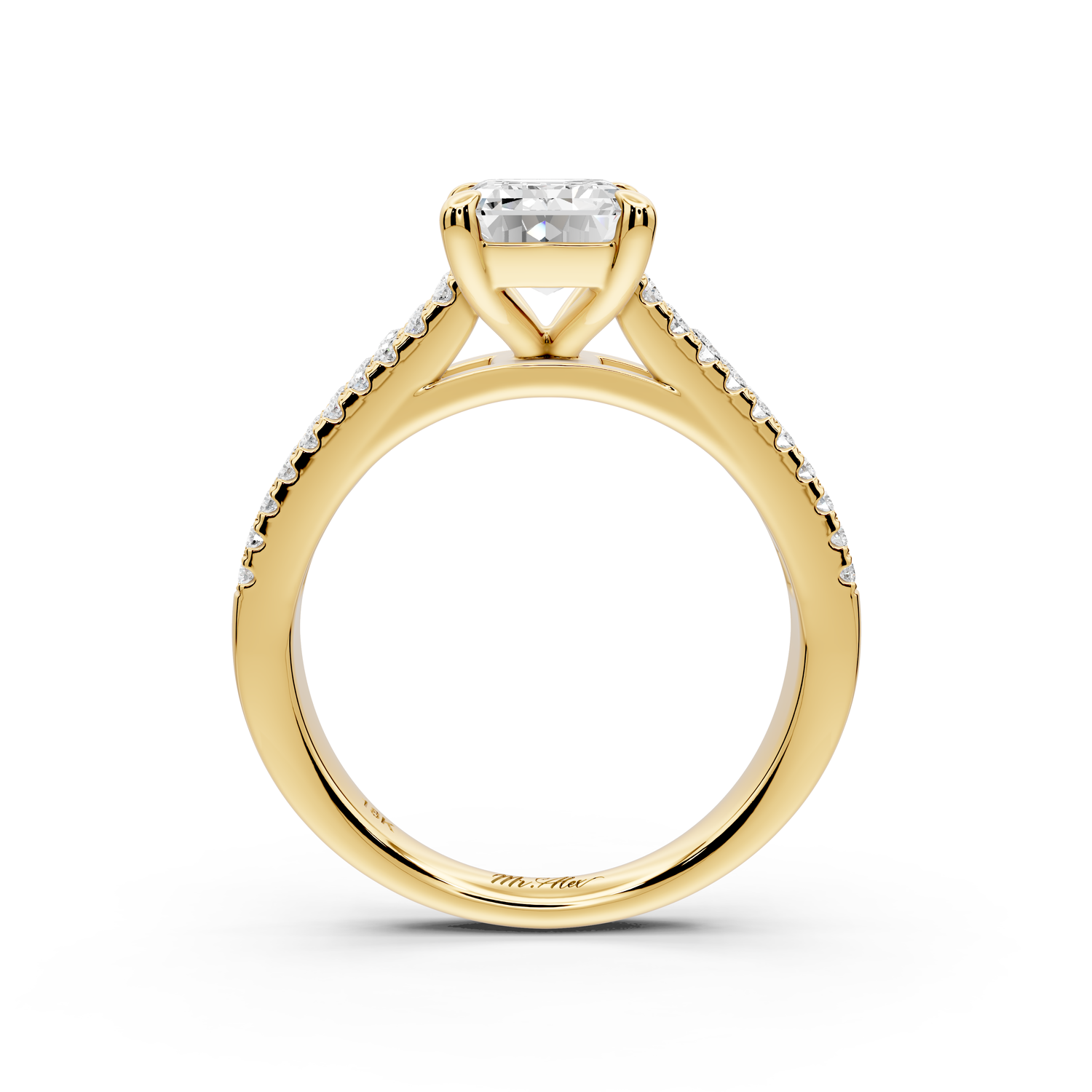 Estelle - 2ct 14k yellow gold emerald diamond with emerald and round cut accent stones half band cathedral engagement ring