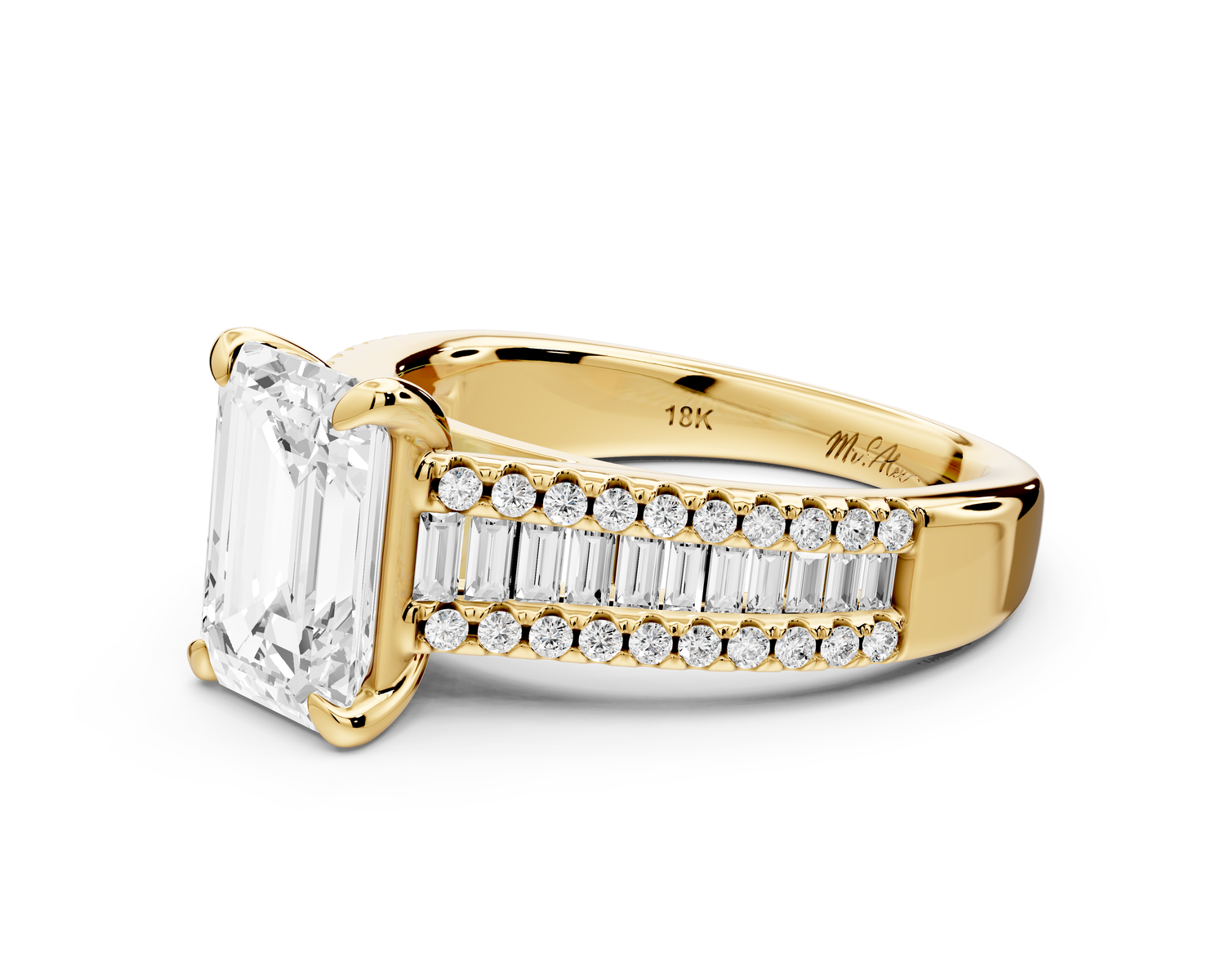 Estelle - 2ct 14k yellow gold emerald diamond with emerald and round cut accent stones half band cathedral engagamengt ring