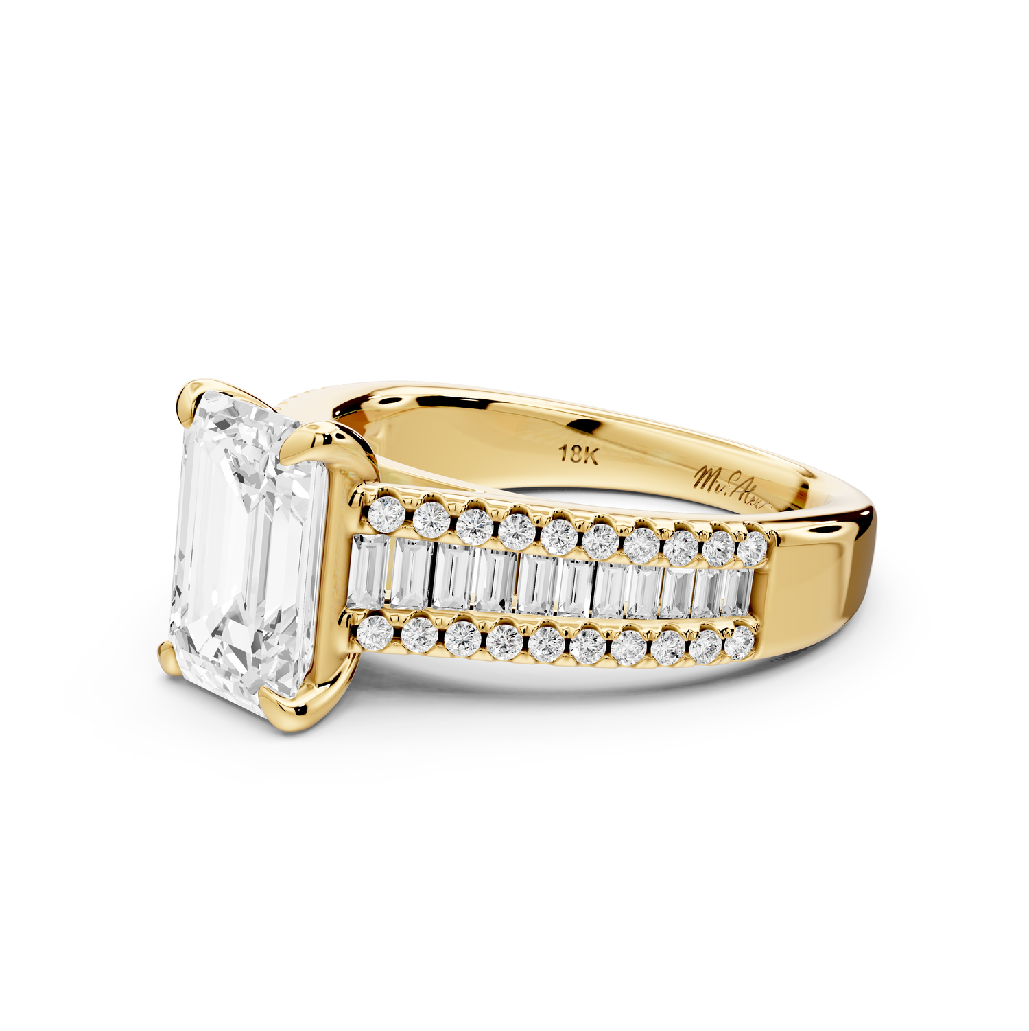 Estelle - 2ct 14k yellow gold emerald diamond with emerald and round cut accent stones half band cathedral engagement ring