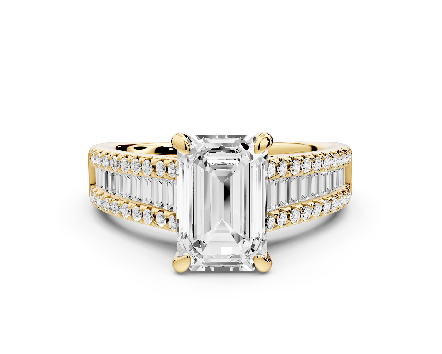 Estelle - 2ct 14k yellow gold emerald diamond with emerald and round cut accent stones half band cathedral engagamengt ring