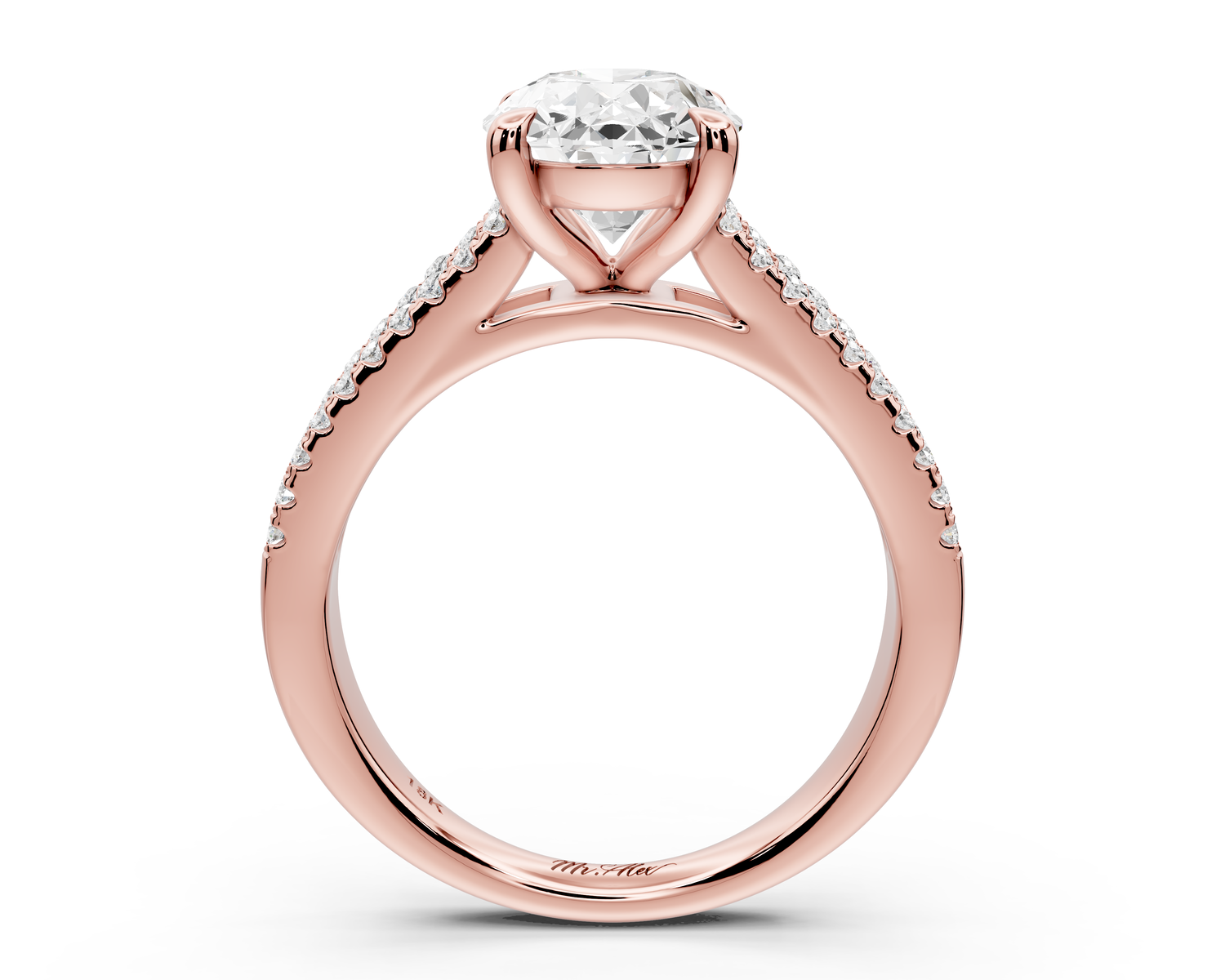 Estelle - 2ct 14k rose gold oval diamond with emerald and round cut accent stones half band cathedral engagamengt ring