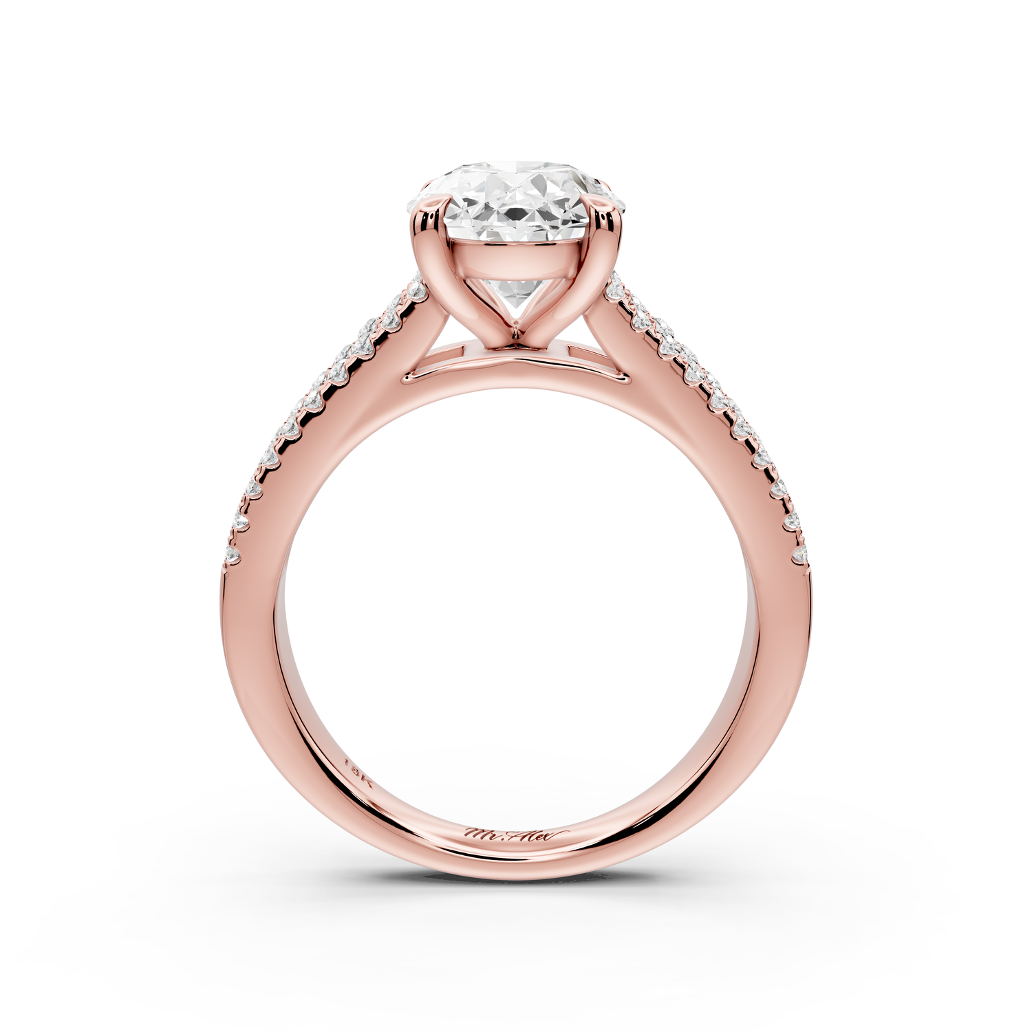 Estelle - 2ct 14k rose gold oval diamond with emerald and round cut accent stones half band cathedral engagement ring