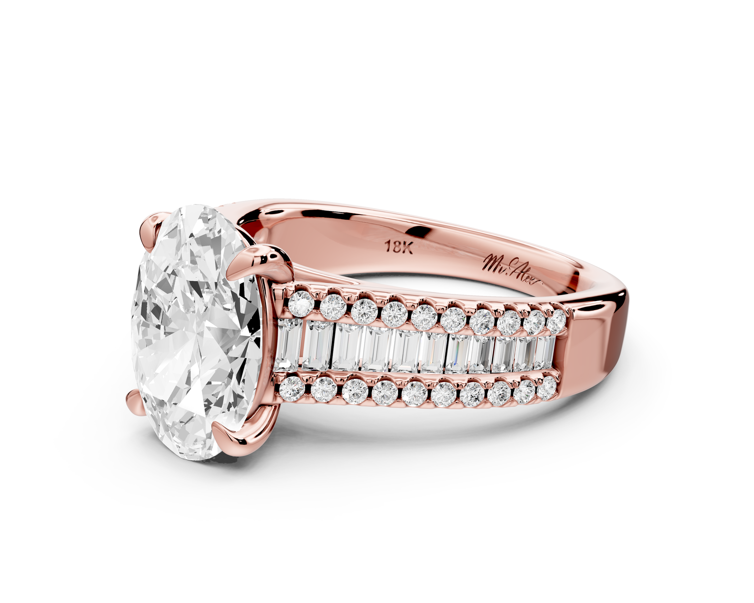 Estelle - 2ct 14k rose gold oval diamond with emerald and round cut accent stones half band cathedral engagamengt ring