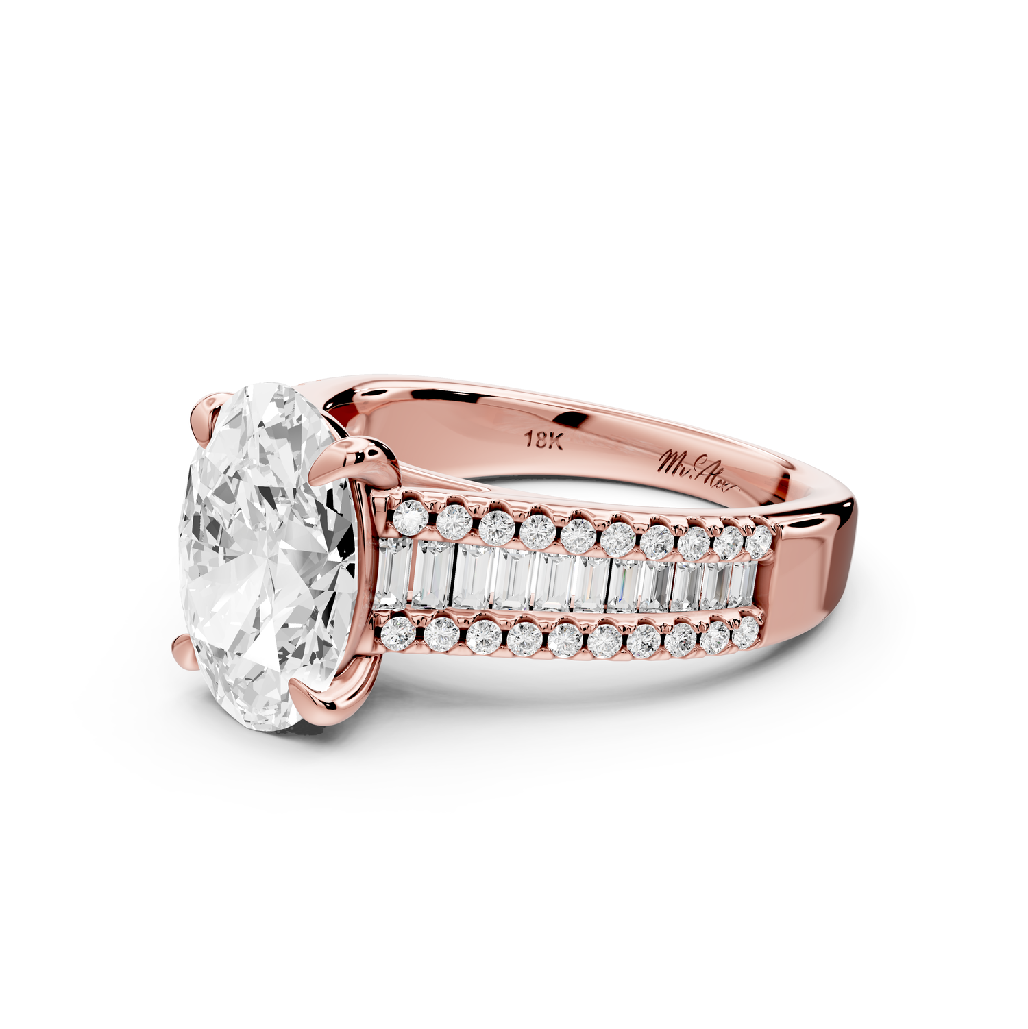 Estelle - 2ct 14k rose gold oval diamond with emerald and round cut accent stones half band cathedral engagement ring