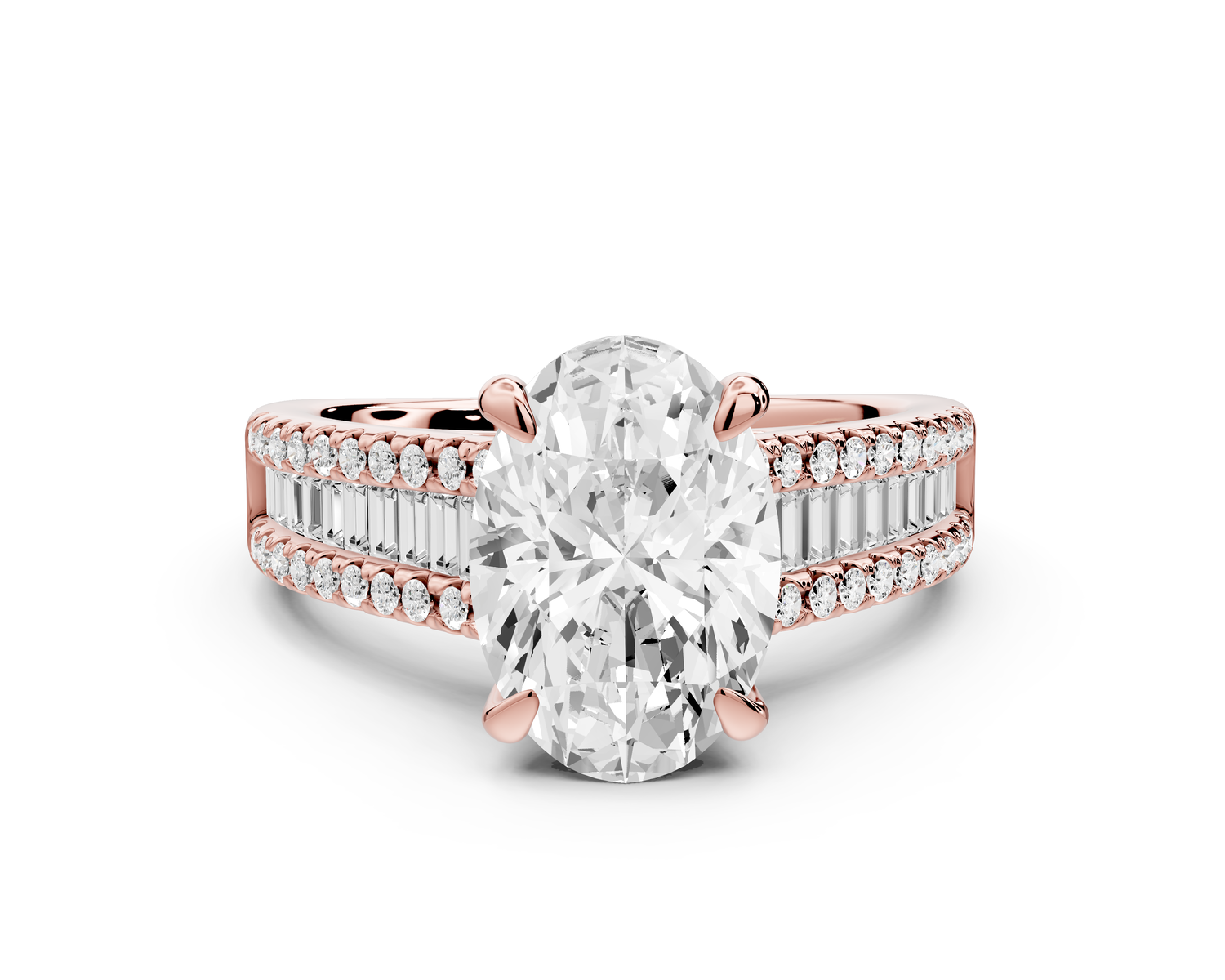 Estelle - 2ct 14k rose gold oval diamond with emerald and round cut accent stones half band cathedral engagamengt ring