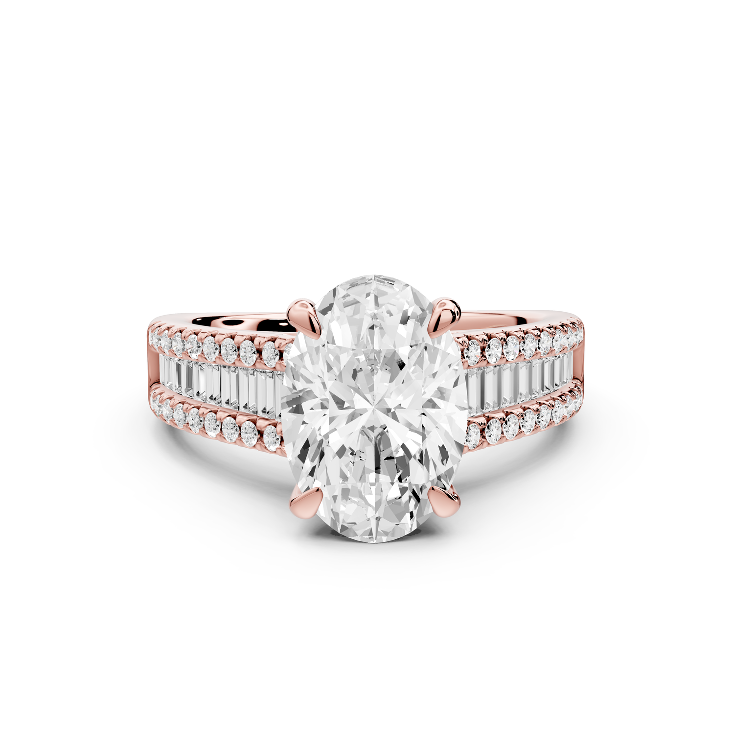 Estelle - 2ct 14k rose gold oval diamond with emerald and round cut accent stones half band cathedral engagement ring