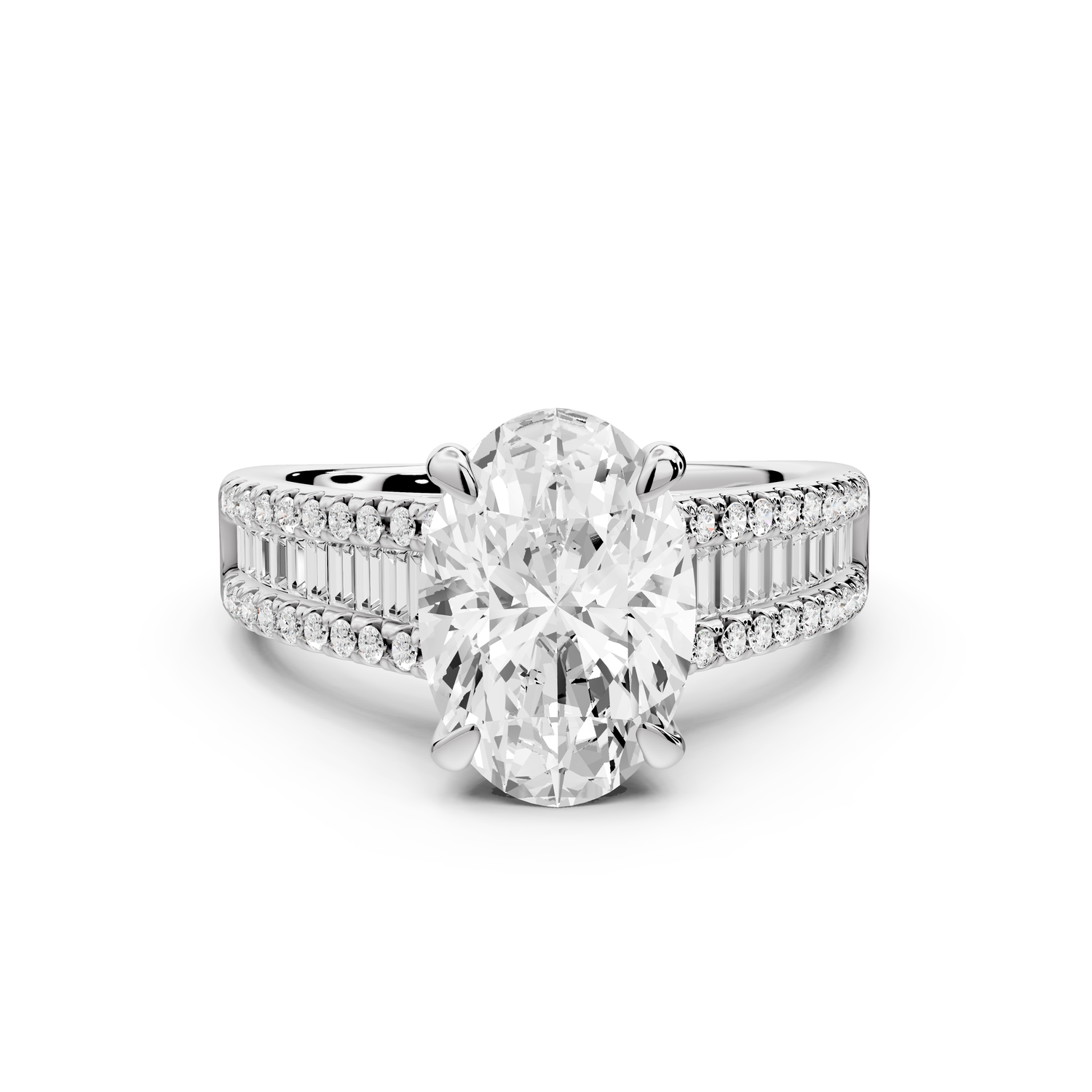 Estelle - 2ct 14k white gold oval diamond with emerald and round cut accent stones half band cathedral engagement ring