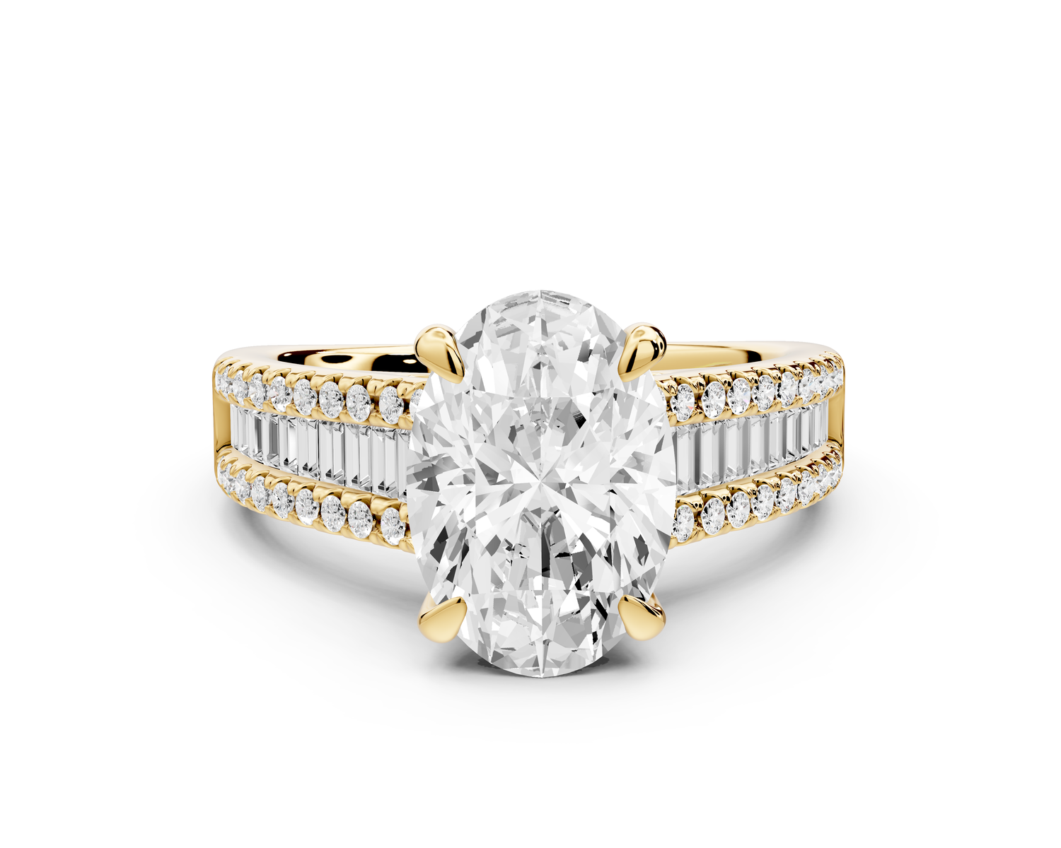 Estelle - 2ct 14k yellow gold oval diamond with emerald and round cut accent stones half band cathedral engagamengt ring